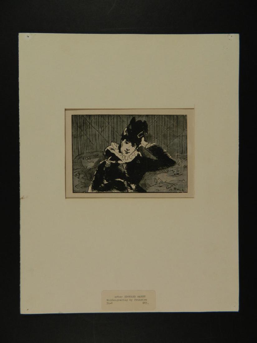 Wood Engraving by Prunaire after Edouard Manet: TYPE:Art SUB TYPE:Print REGION:Europe SUB REGION:France MEDIUM:Wood Engraving SGD/UNS:Signed LL TITLE:Wood Engraving by Prunaire after Edouard Manet CATALOG NOTES:Nice engraving by Leon Alphonse Alfre