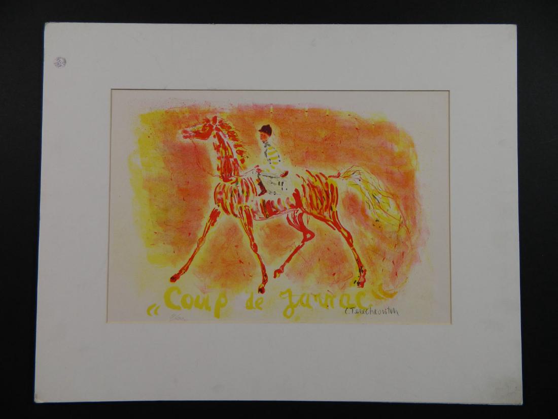 Constantin Terechkovitch Jockey on Horseback: TYPE:Art SUB TYPE:Print REGION:Europe SUB REGION:Russia MEDIUM:Lithograph SGD/UNS:Signed LR TITLE:Constantin Terechkovitch Jockey on Horseback CATALOG NOTES:Titled in print "Coup de Jarrecic"? Limited