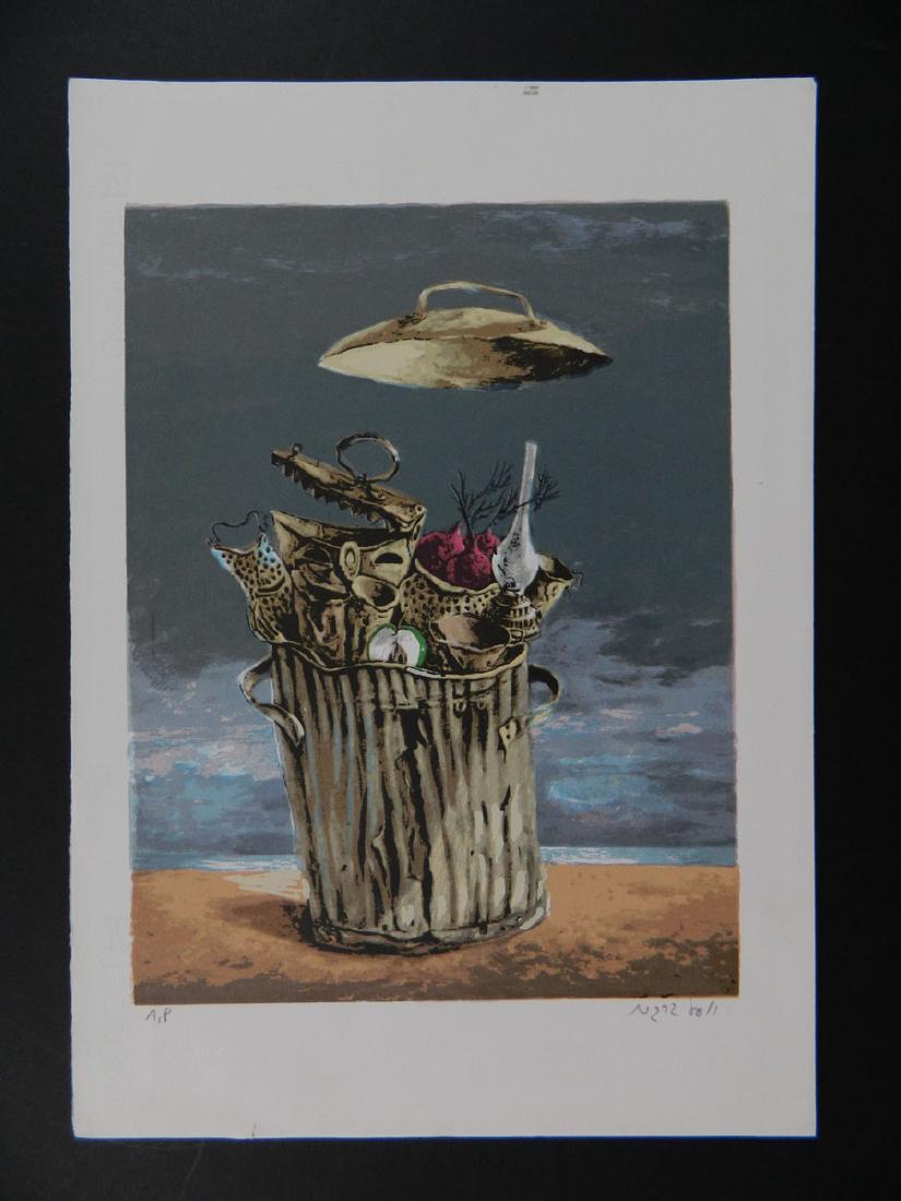 Yosl Bergner Surrealist Trash Barrel Beach Sgd Hebrew: TYPE:Art SUB TYPE:Print REGION:Middle East SUB REGION:Israel MEDIUM:Lithograph SGD/UNS:Signed LR TITLE:Yosl Bergner Surrealist Trash Barrel Beach Sgd Hebrew CATALOG NOTES:Print signed in Hebrew langua