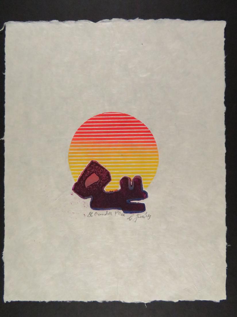Small Lithograph Jiminez Animal Sunset Condor Pasa: TYPE:Art SUB TYPE:Print REGION:South America SUB REGION: MEDIUM:Lithograph SGD/UNS:Signed LR TITLE:Small Lithograph Jiminez Animal Sunset Condor Pasa CATALOG NOTES:Small Lithograph Jiminez Animal Suns