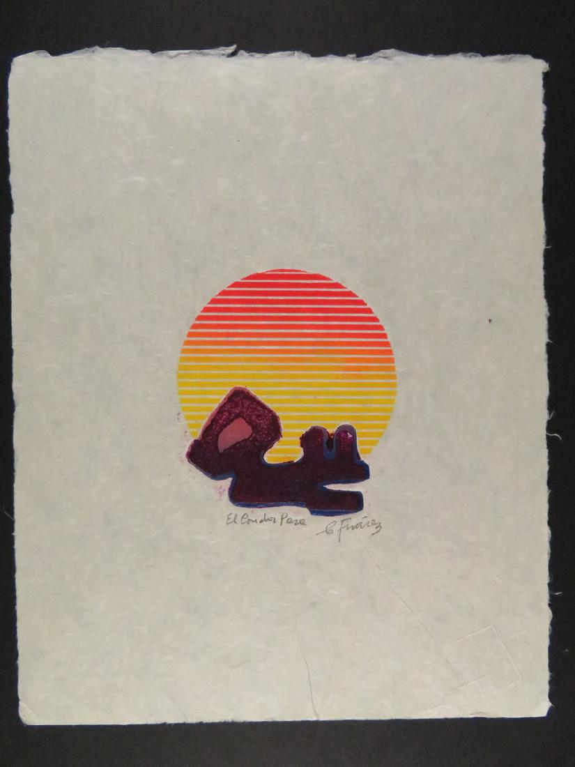 Small Lithograph Jiminez Animal Sunset Condor Pasa: TYPE:Art SUB TYPE:Print REGION:South America SUB REGION: MEDIUM:Lithograph SGD/UNS:Signed LR TITLE:Small Lithograph Jiminez Animal Sunset Condor Pasa CATALOG NOTES:Small Lithograph Jiminez Animal Suns
