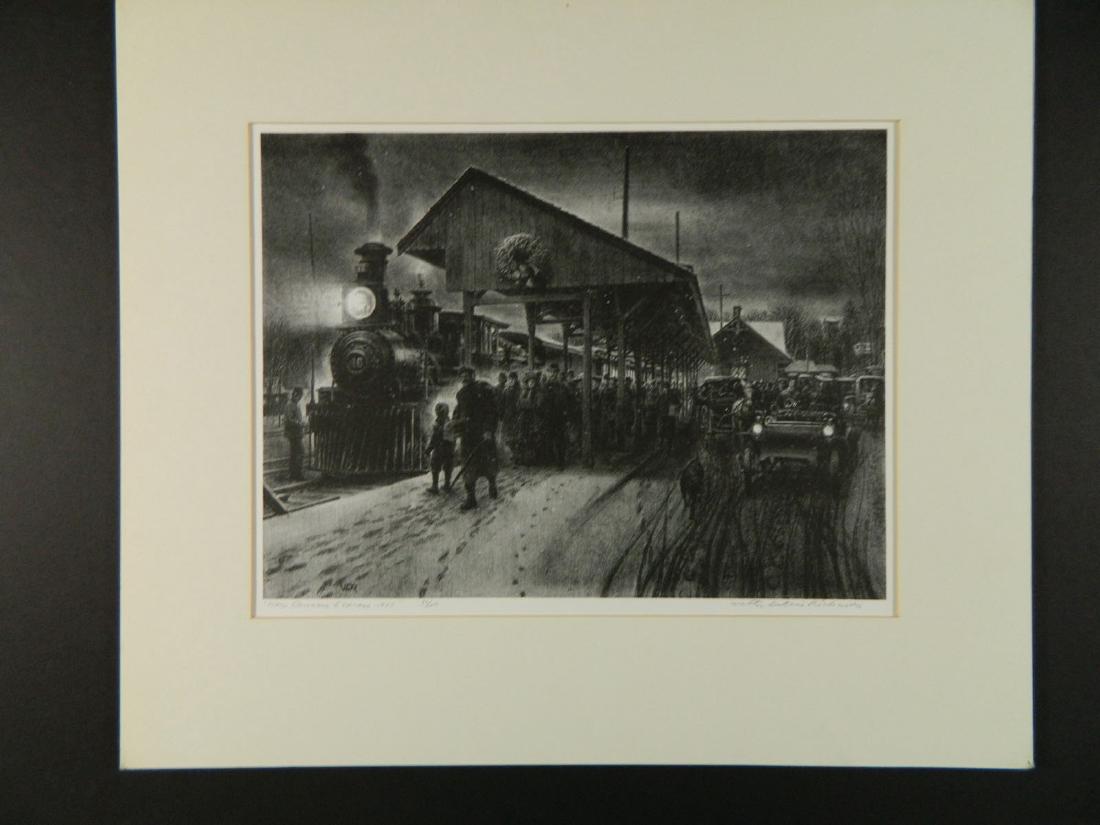 WD Richards "NewCanaan Express, 1905" 51/100: TYPE:Art SUB TYPE:Print REGION:United States SUB REGION:Connecticut MEDIUM:Lithograph SGD/UNS:Signed LR TITLE:WD Richards "NewCanaan Express, 1905" 51/100 CATALOG NOTES:Fine WPA style image with Train