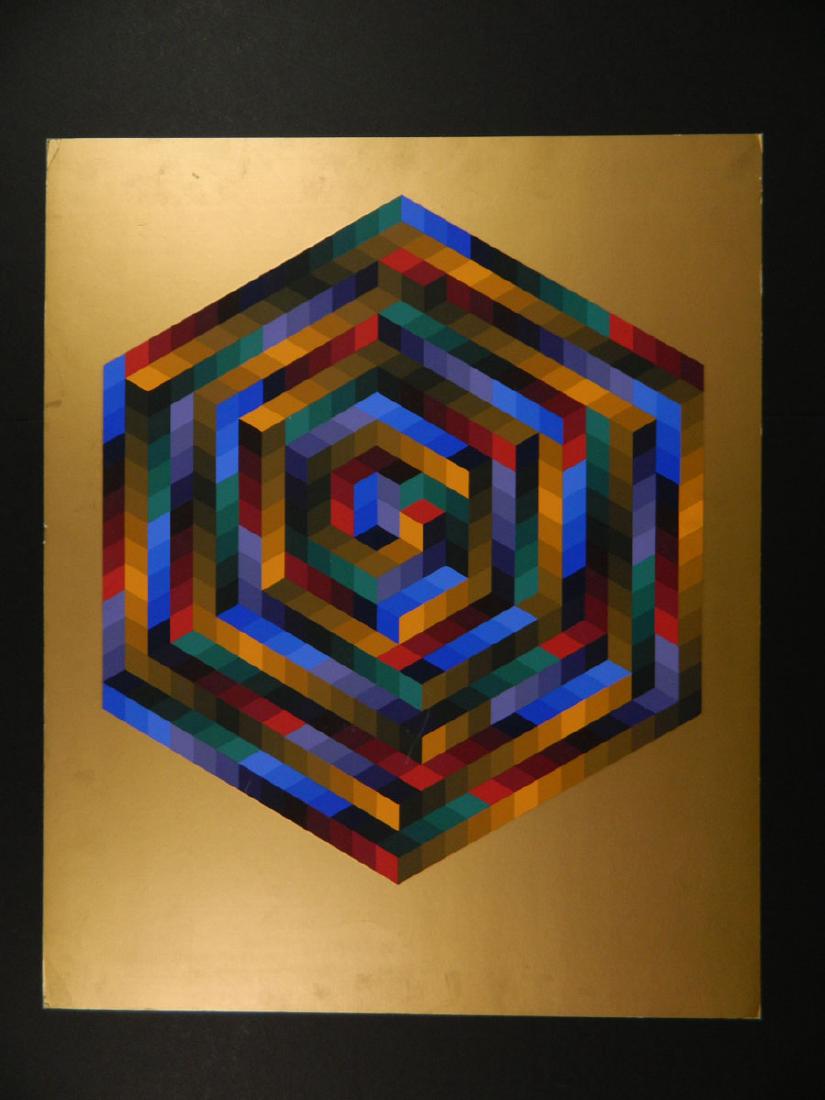 Victor Vasarely Mid Century Op Art Gold Geometric: TYPE:Art SUB TYPE:Print REGION: SUB REGION: MEDIUM:Serigraph SGD/UNS:Unsigned TITLE:Victor Vasarely Mid Century Op Art Gold Geometric CATALOG NOTES:Done on gold paper. Stamped "Specimen" on reverse. P