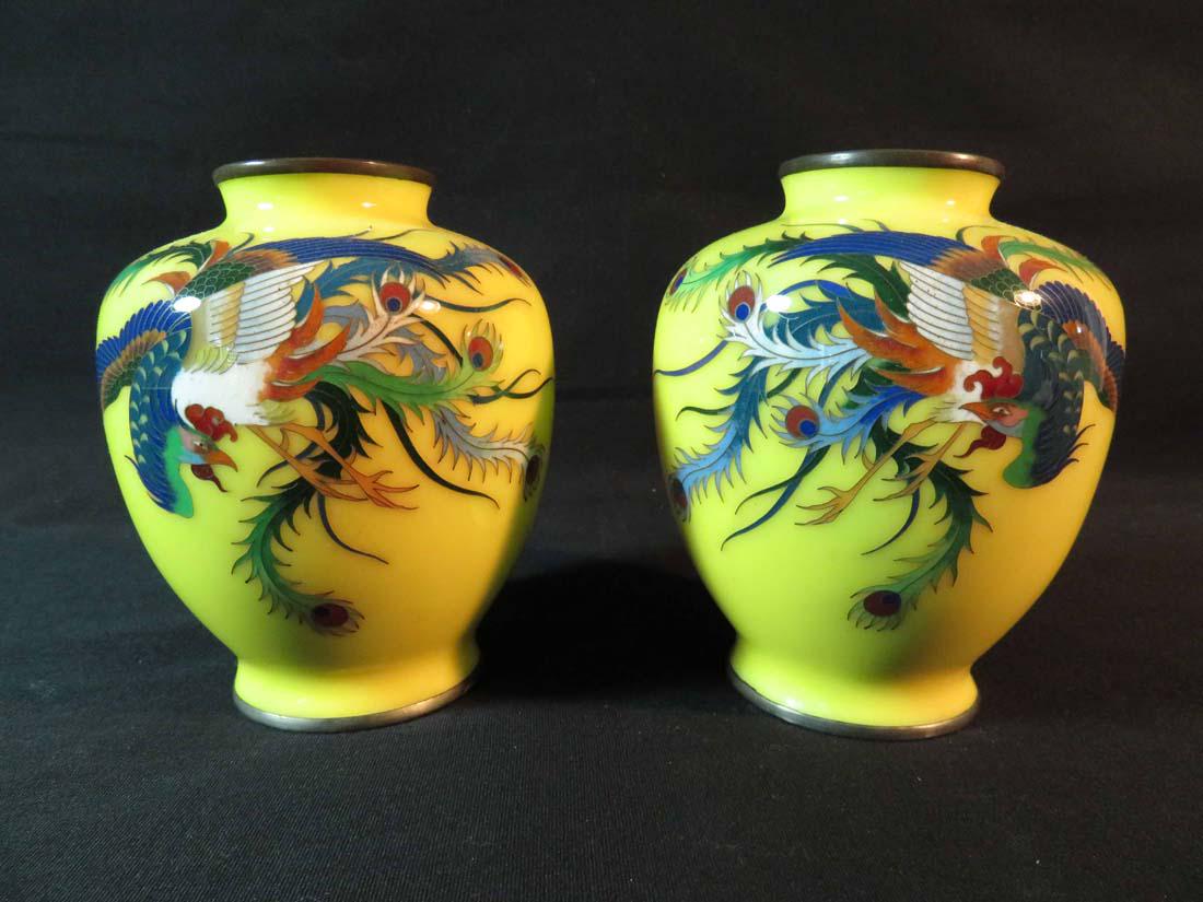 PR Japanese Cloisonne Ando ? Yellow Vase Phoenix (1 of 7)