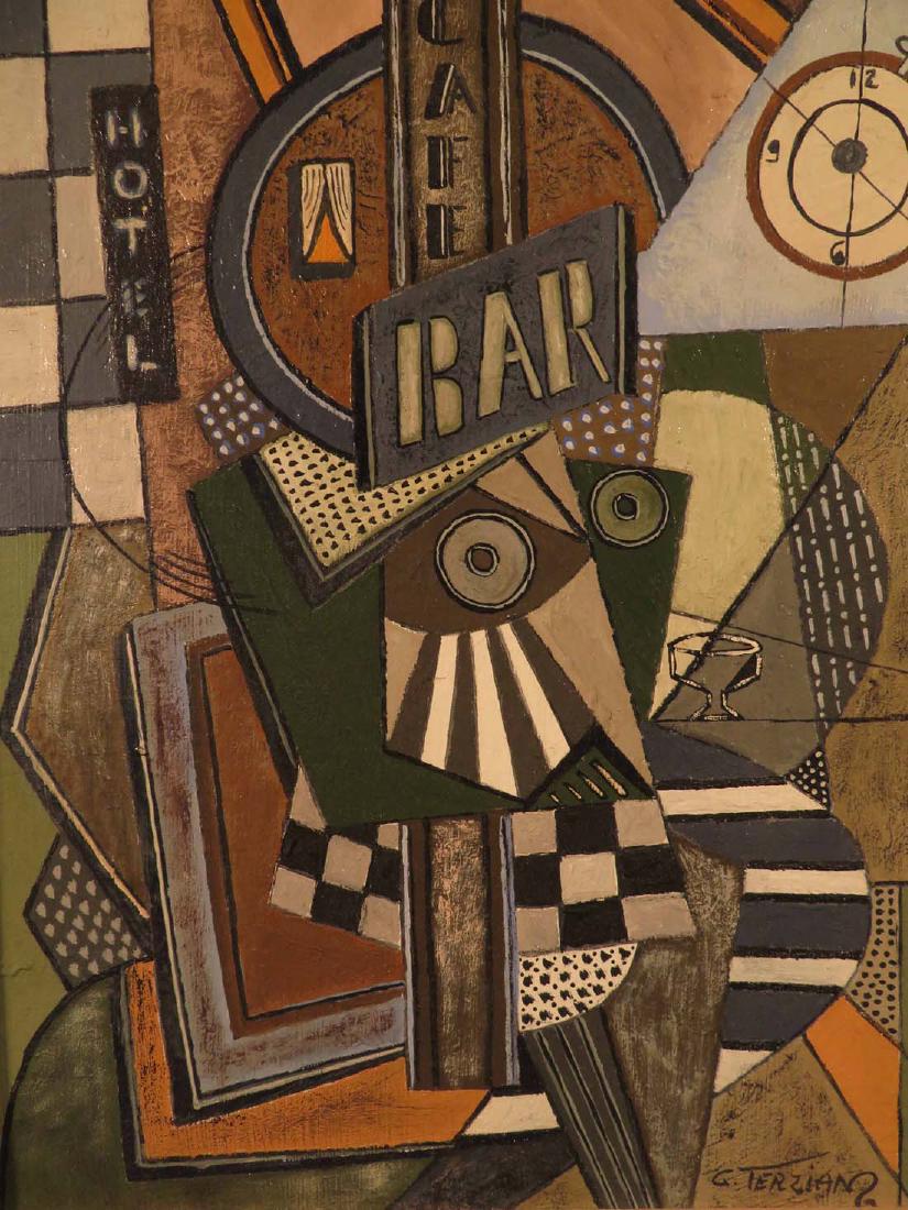Georges Terzian French Cubist Oil Cafe Bar Hotel: TYPE:Art SUB TYPE:Painting REGION:Europe SUB REGION:France MEDIUM:Oil SGD/UNS:Signed TITLE:Georges Terzian French Cubist Oil Cafe Bar Hotel CATALOG NOTES:An excellent original French Cubist painting b