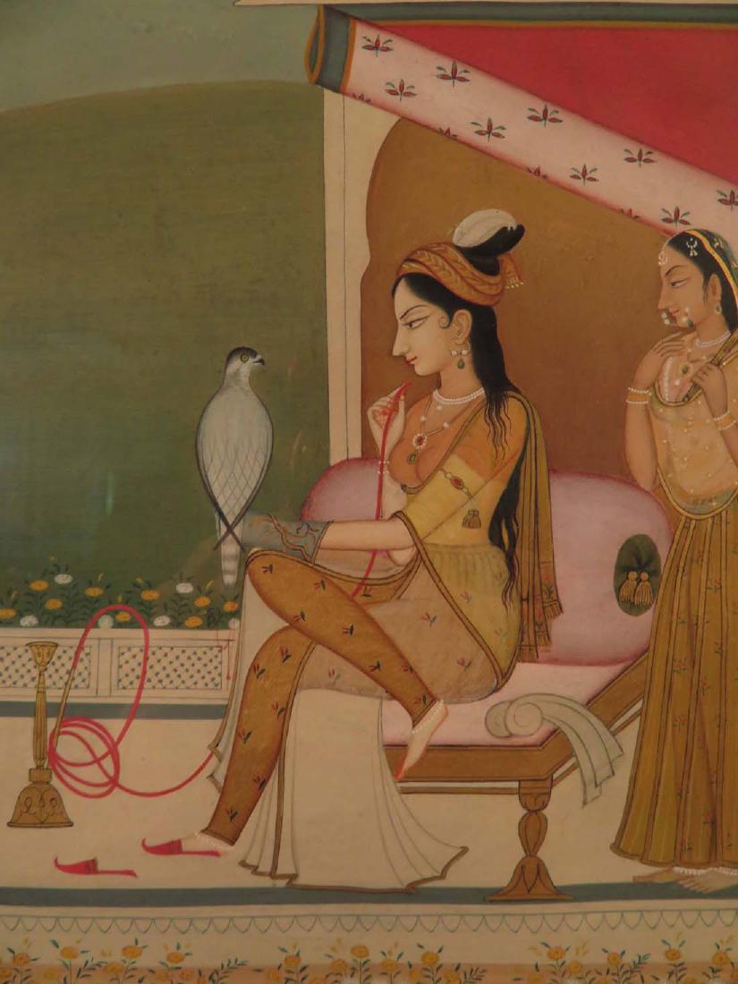 Orig W/C Mughal India W/ Gilt Woman Bird: TYPE:Art SUB TYPE:Painting REGION:Asia SUB REGION:India MEDIUM:Watercolor SGD/UNS: TITLE:Orig W/C Mughal India W/ Gilt Woman Bird CATALOG NOTES:A fine quality Indian Mughal miniature watercolor painti