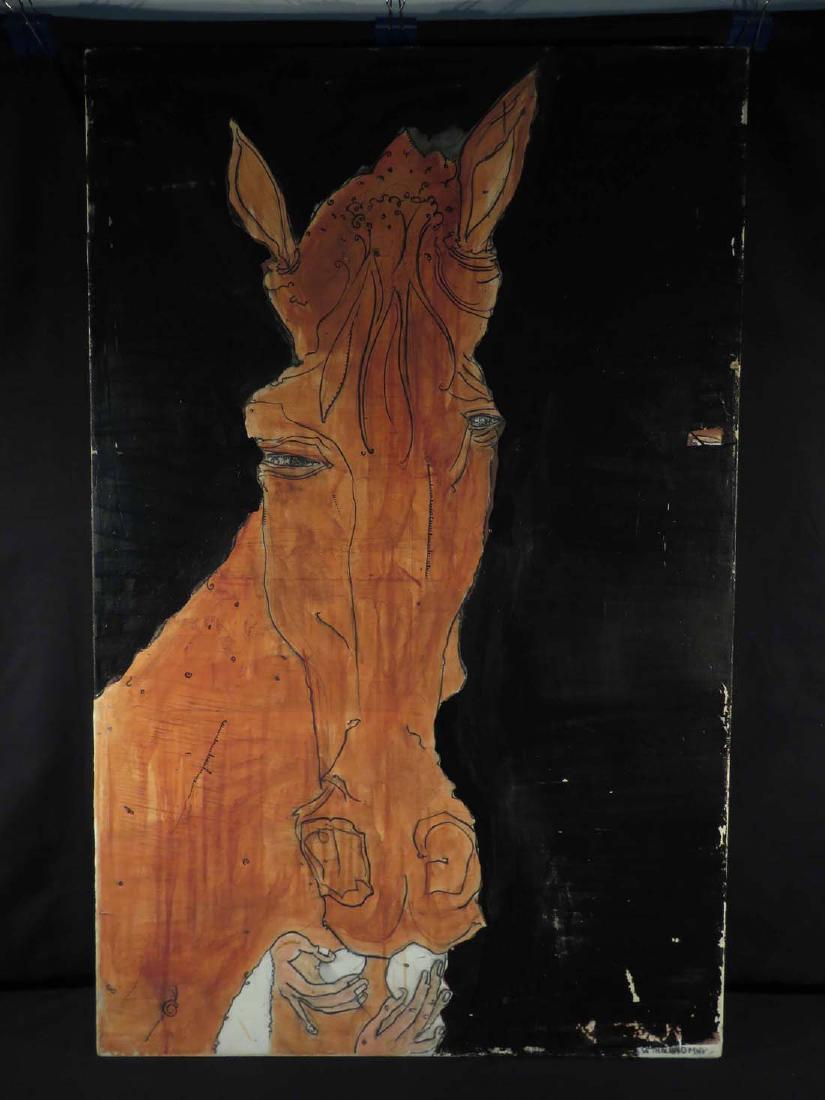 Seth Minkin Lg Original Oil Feeding Horse: TYPE:Art SUB TYPE:Painting REGION:United States SUB REGION:Massachusetts MEDIUM:Oil SGD/UNS:Signed TITLE:Seth Minkin Lg Original Oil Feeding Horse CATALOG NOTES:An intereting large original oil painti