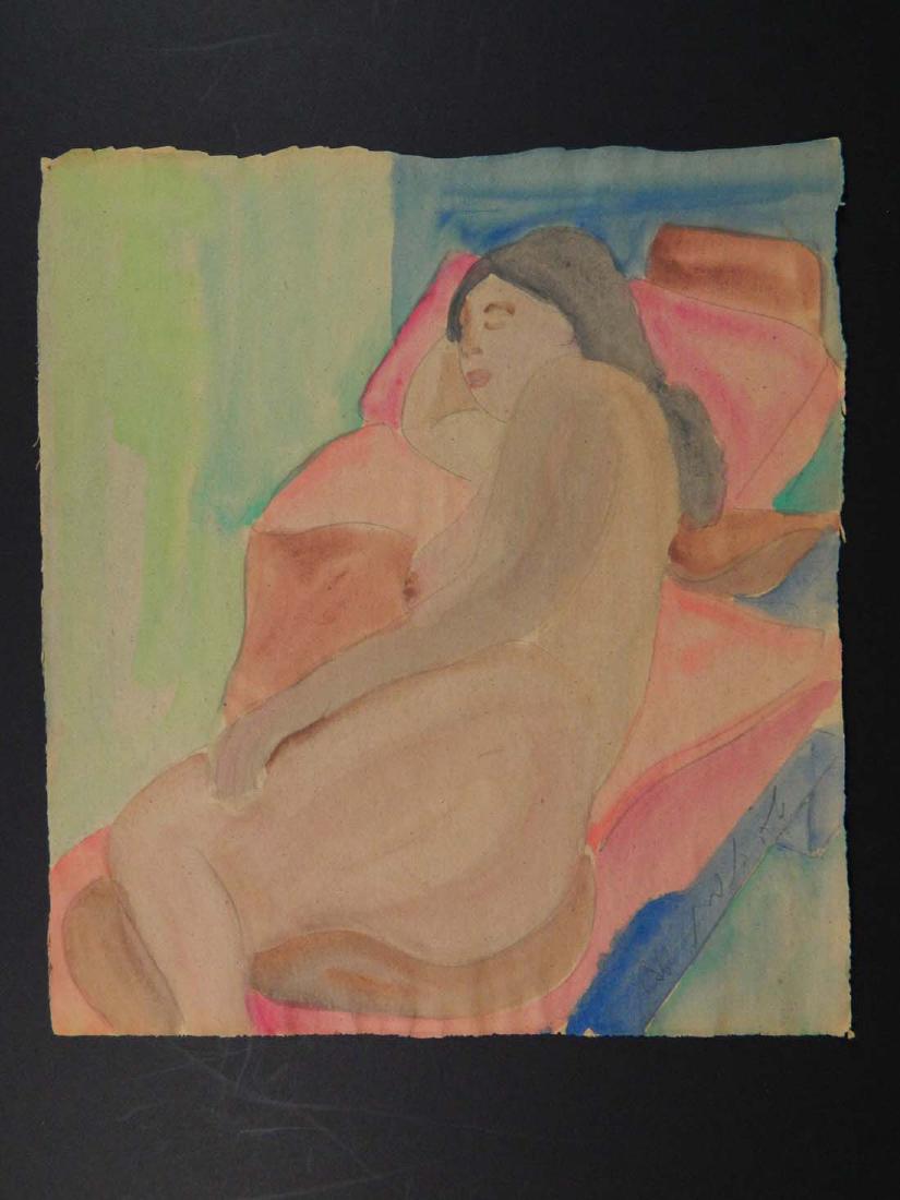 WPA Style Sleeping Nude: TYPE:Art SUB TYPE:Painting REGION: SUB REGION: MEDIUM:Watercolor SGD/UNS:Signed LR TITLE:WPA Style Sleeping Nude CATALOG NOTES:Signed in Hebrew INSIDE HEIGHT: INSIDE WIDTH: OUTSIDE HEIGHT:19 OUTSIDE W