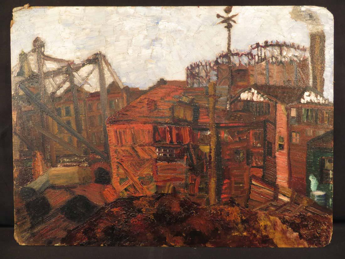 Ashcan WPA era City Row Houses Bridge: TYPE:Art SUB TYPE:Painting REGION:US SUB REGION:New York MEDIUM:Oil SGD/UNS:Unsigned TITLE:Ashcan WPA era City Row Houses Bridge CATALOG NOTES:An excellent unsigned early 20th C Ashcan style American 
