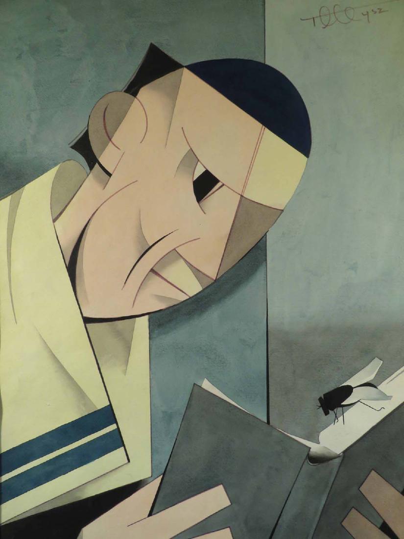 Lg Original Watercolor Rabbi Fly Jewish: TYPE:Art SUB TYPE:Painting REGION: SUB REGION: MEDIUM:Watercolor SGD/UNS:Signed TITLE:Lg Original Watercolor Rabbi Fly Jewish CATALOG NOTES:A brilliant large 26 3/4 x 19 original Cubist watercolor. It