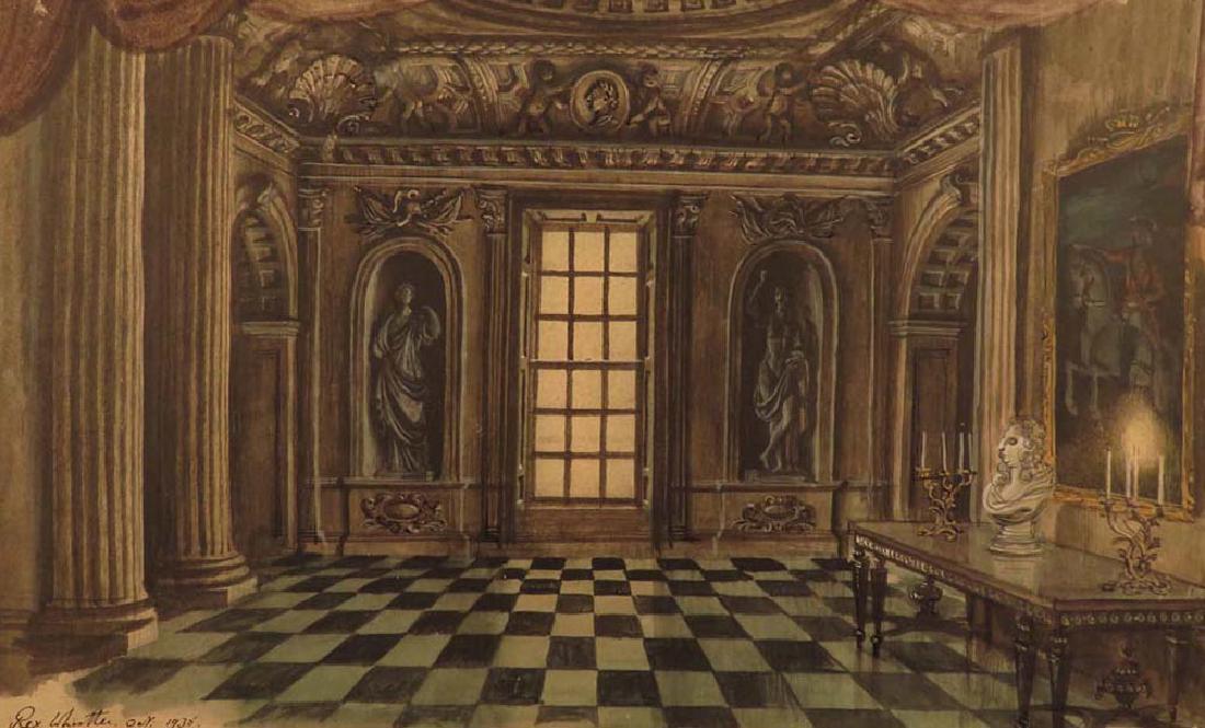 Rex Whistler W/C Set Design Victoria Regina 1935: TYPE:Art SUB TYPE:Painting REGION:Europe SUB REGION:Great Britain MEDIUM:Watercolor SGD/UNS:Signed TITLE:Rex Whistler W/C Set Design Victoria Regina 1935 CATALOG NOTES:An important original watercolor