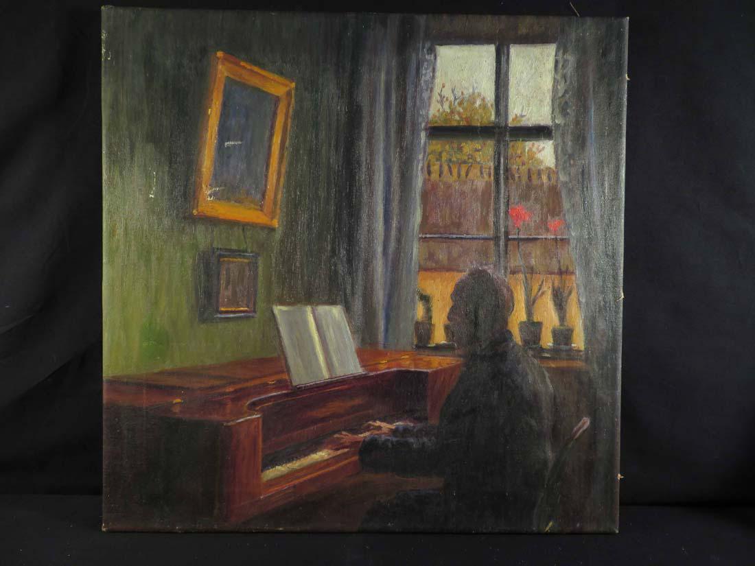 Early 20th C American Ashcan Pre WPA Man @ Piano: TYPE:Art SUB TYPE:Painting REGION:United States SUB REGION:New York MEDIUM:Oil SGD/UNS: TITLE:Early 20th C American Ashcan Pre WPA Man @ Piano CATALOG NOTES: Very fine American Ashcan style oil on can