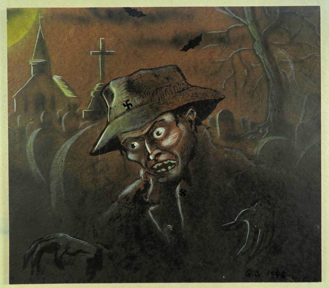 German Expressionist Nazi Officer In Graveyard 1945: TYPE:Art SUB TYPE:Painting REGION:Europe SUB REGION:Germany MEDIUM:Watercolor SGD/UNS: TITLE:German Expressionist Nazi Officer In Graveyard CATALOG NOTES:Well executed painting showing a distorted gho