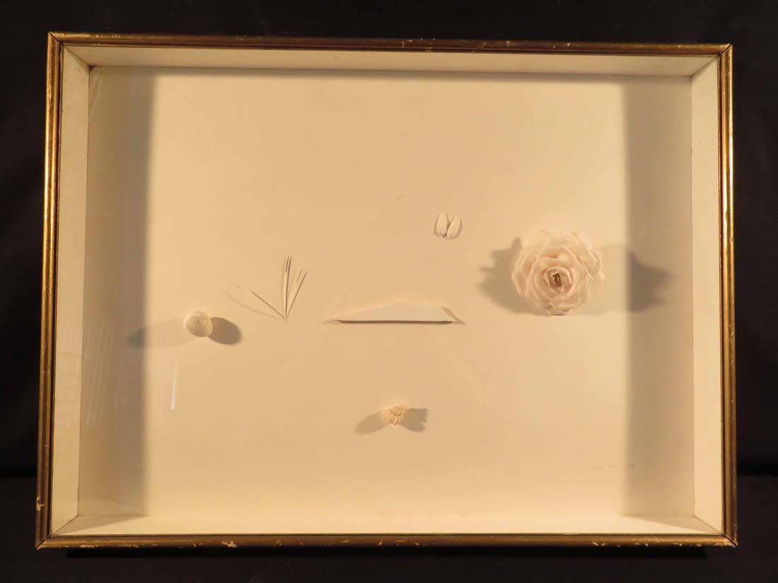 Construction Art Shadow Box Shell Flower: TYPE:Art SUB TYPE:Collage REGION:US SUB REGION: MEDIUM:Found Objects SGD/UNS:Signed TITLE:Construction Art Shadow Box Shell Flower CATALOG NOTES:An interesting collage with found objects including an