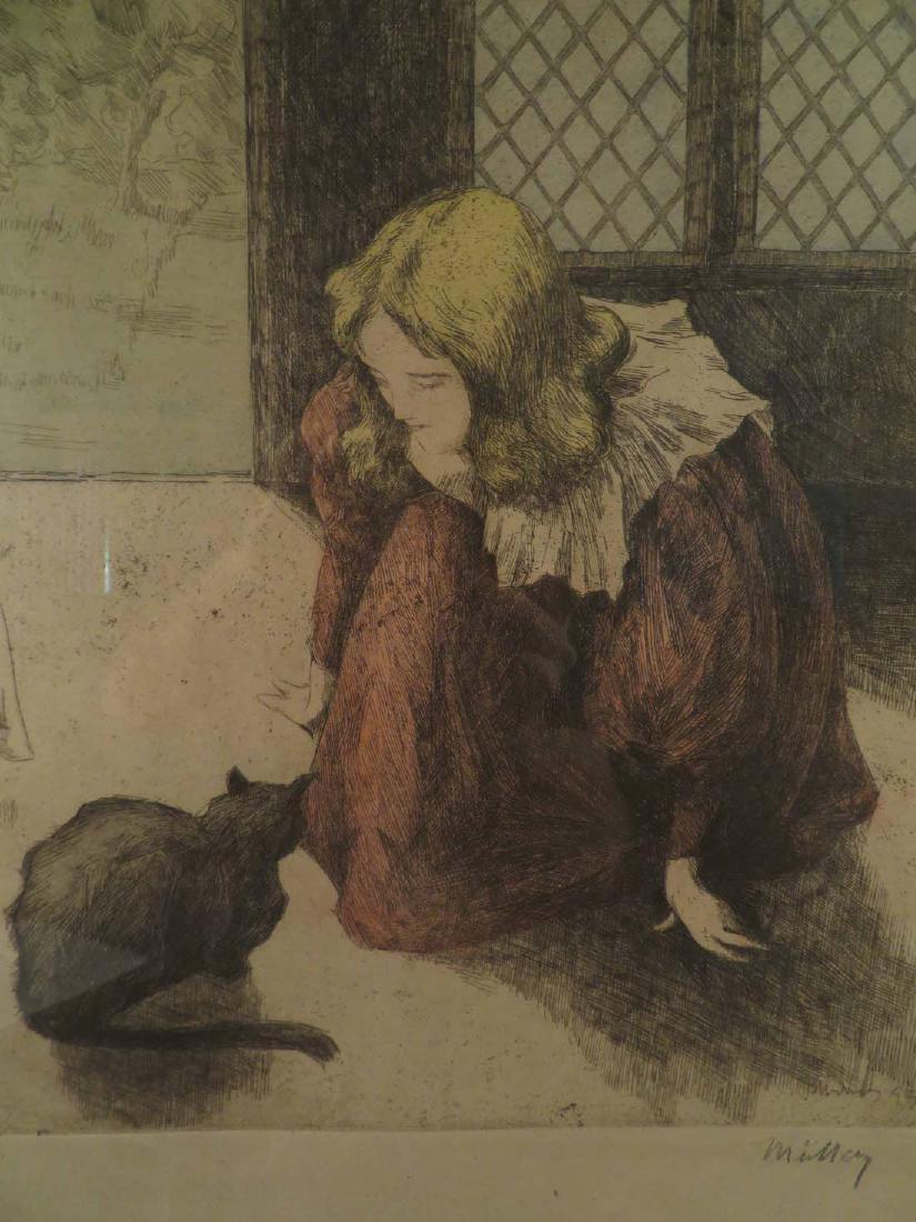 Alfredo Muller Color Etching Girl W/ Cat: TYPE:Art SUB TYPE:Print REGION: SUB REGION: MEDIUM:Etching SGD/UNS:Signed TITLE:Alfredo Muller Color Etching Girl W/ Cat CATALOG NOTES:An original vintage colored etching by listed artist Alfredo Mull