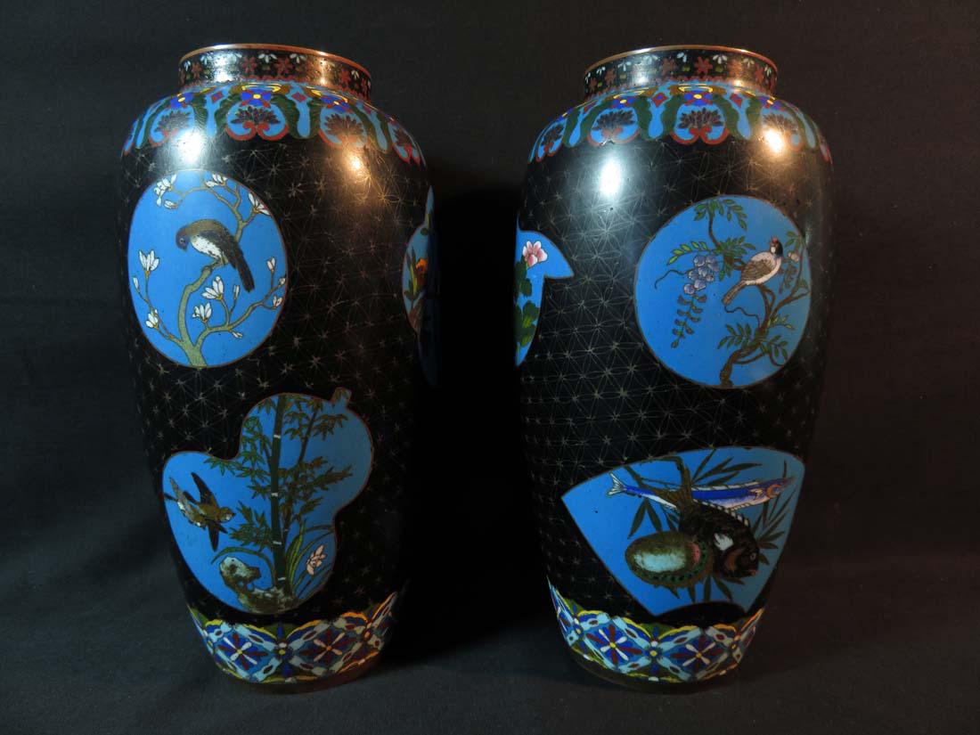 Pr 10" Japanese Cloisonne Vases Naturalist EXC: TYPE:Antiques SUB TYPE:Vase REGION:Asia SUB REGION:Japan MEDIUM:Cloisonne SGD/UNS: TITLE:Pr 10" Japanese Cloisonne Vases Naturalist EXC CATALOG NOTES:A pair of 10 inch Japanese Meiji period vases with