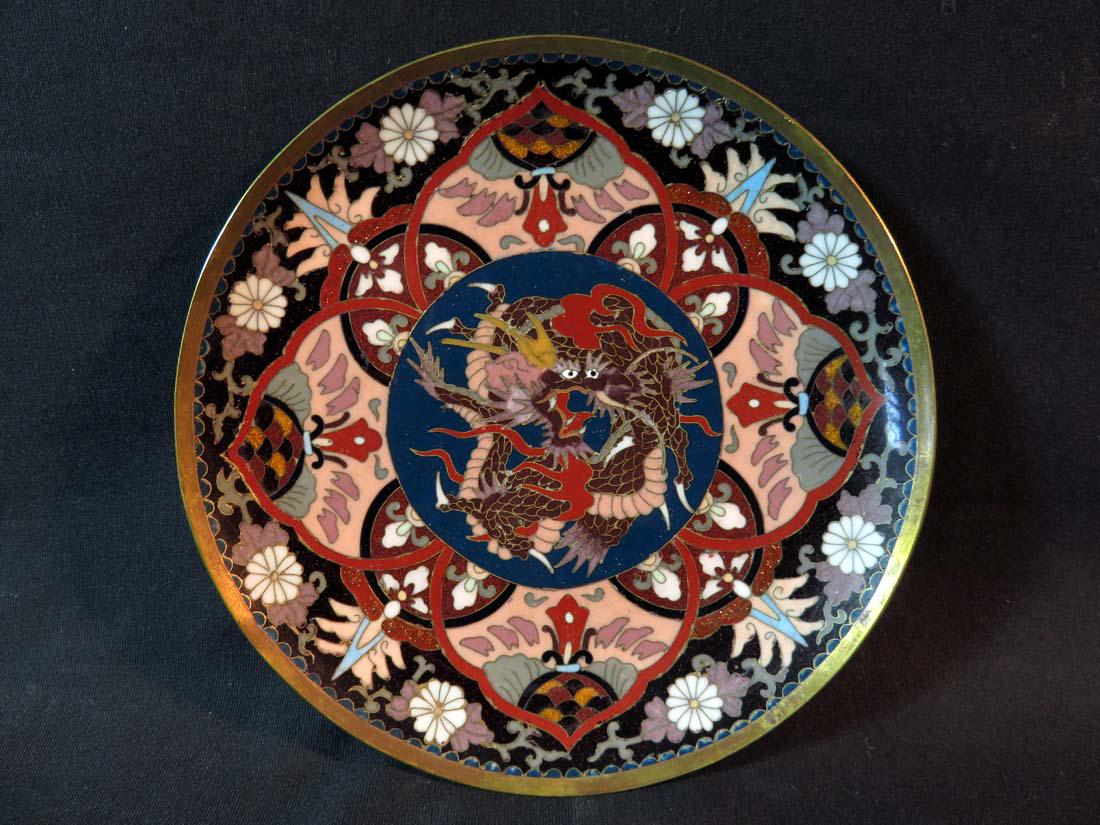 Japanese Cloisonne Meiji Plate w/ Dragon: TYPE:Antiques SUB TYPE:Plate REGION:Asia SUB REGION:Japan MEDIUM:Cloisonne SGD/UNS:Unsigned TITLE:Japanese Cloisonne Meiji Plate w/ Dragon CATALOG NOTES:A fine quality Japanese cloisonne plate with ce