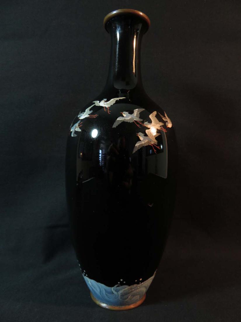 Japanese Cloisonne Vase Birds Hokusai Wave Black: TYPE:Antiques SUB TYPE:Vase REGION:Asia SUB REGION:Japan MEDIUM:Cloisonne SGD/UNS: TITLE:Japanese Cloisonne Vase Birds Hokusai Wave Black CATALOG NOTES:Nice Japanese Meiji period mirror black cloisonn