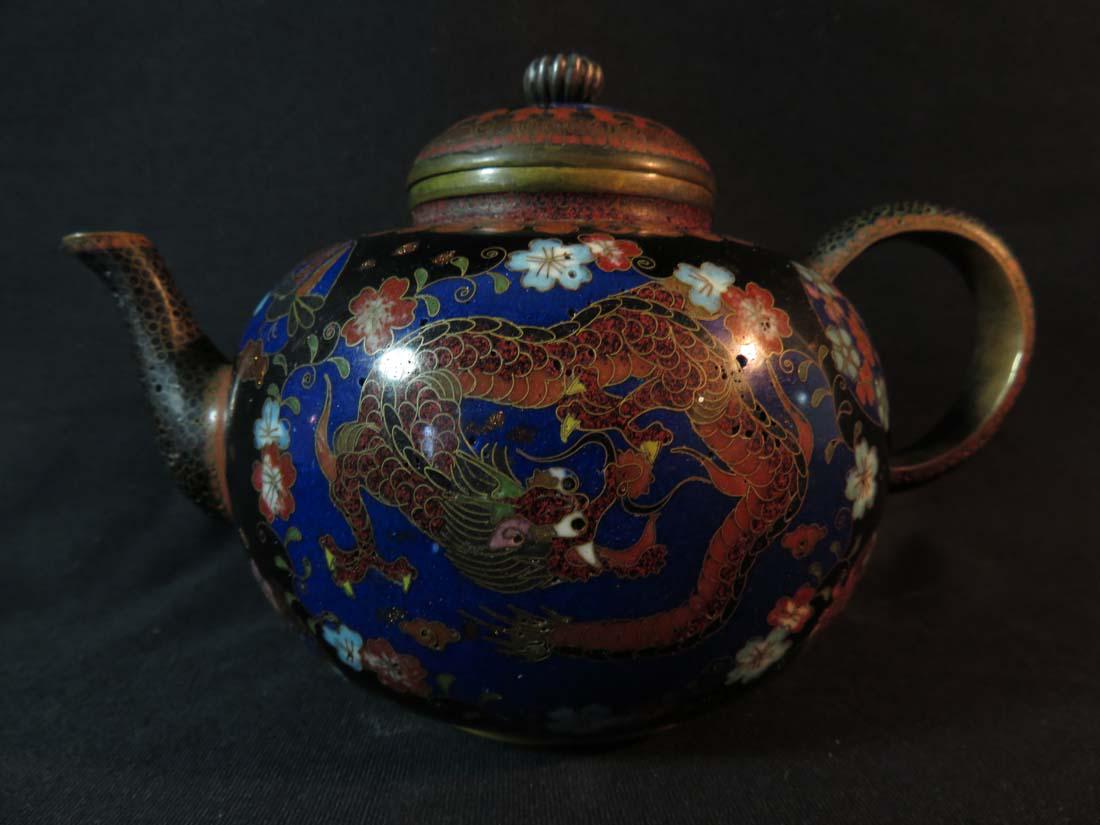 Japanese Cloisonne Takahara Style Teapot Dragon: TYPE:Antiques SUB TYPE:Teapot REGION:Asia SUB REGION:Japan MEDIUM:Cloisonne SGD/UNS: TITLE:Japanese Cloisonne Takahara Style Teapot Dragon CATALOG NOTES:Finely wired Meiji period Japanese cloisonne sm