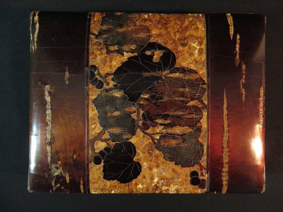 Meiji Lacquer Box Leaves Branches: TYPE:Antiques SUB TYPE:Box REGION:Asia SUB REGION:Japan MEDIUM:Lacquer SGD/UNS: TITLE:Meiji Lacquer Box Leaves Branches CATALOG NOTES:A nice quality Japanese Meiji period lacquer trinket box done in b