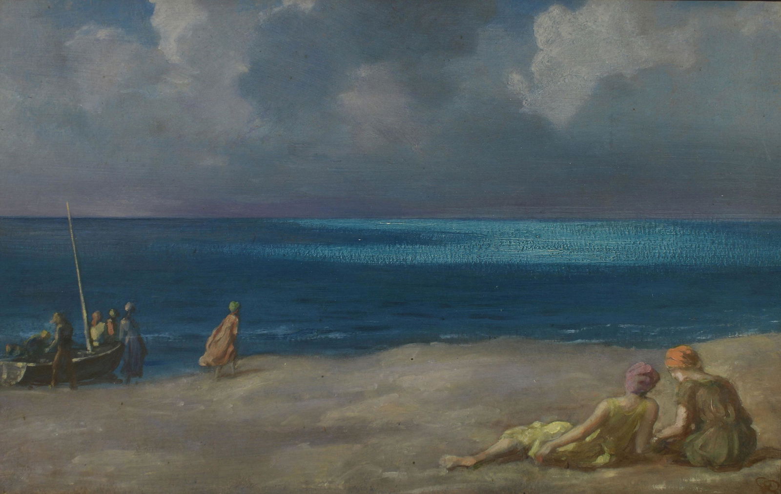 Modernist Women @ Beach Illegible Monogram Unknown: DESCRIPTION: An excellent early 20th C modernist oil painting on artist board showing woman on a beach. It is monogrammed by the artist at lower right, but I have not been able to decipher it. Excelle