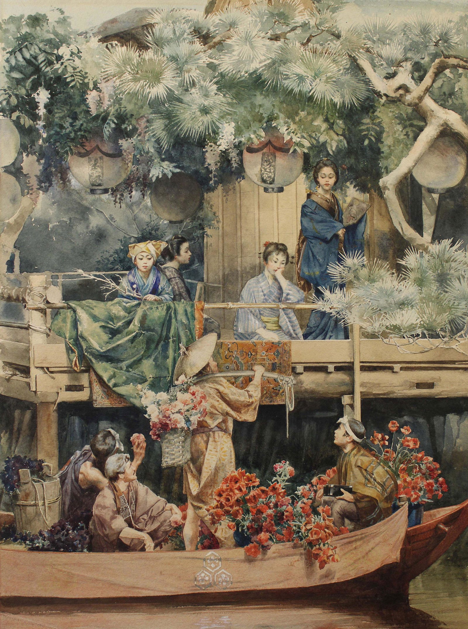 19th C Robert Blum ? Japanese Geisha Girls Flowers (1 of 7)