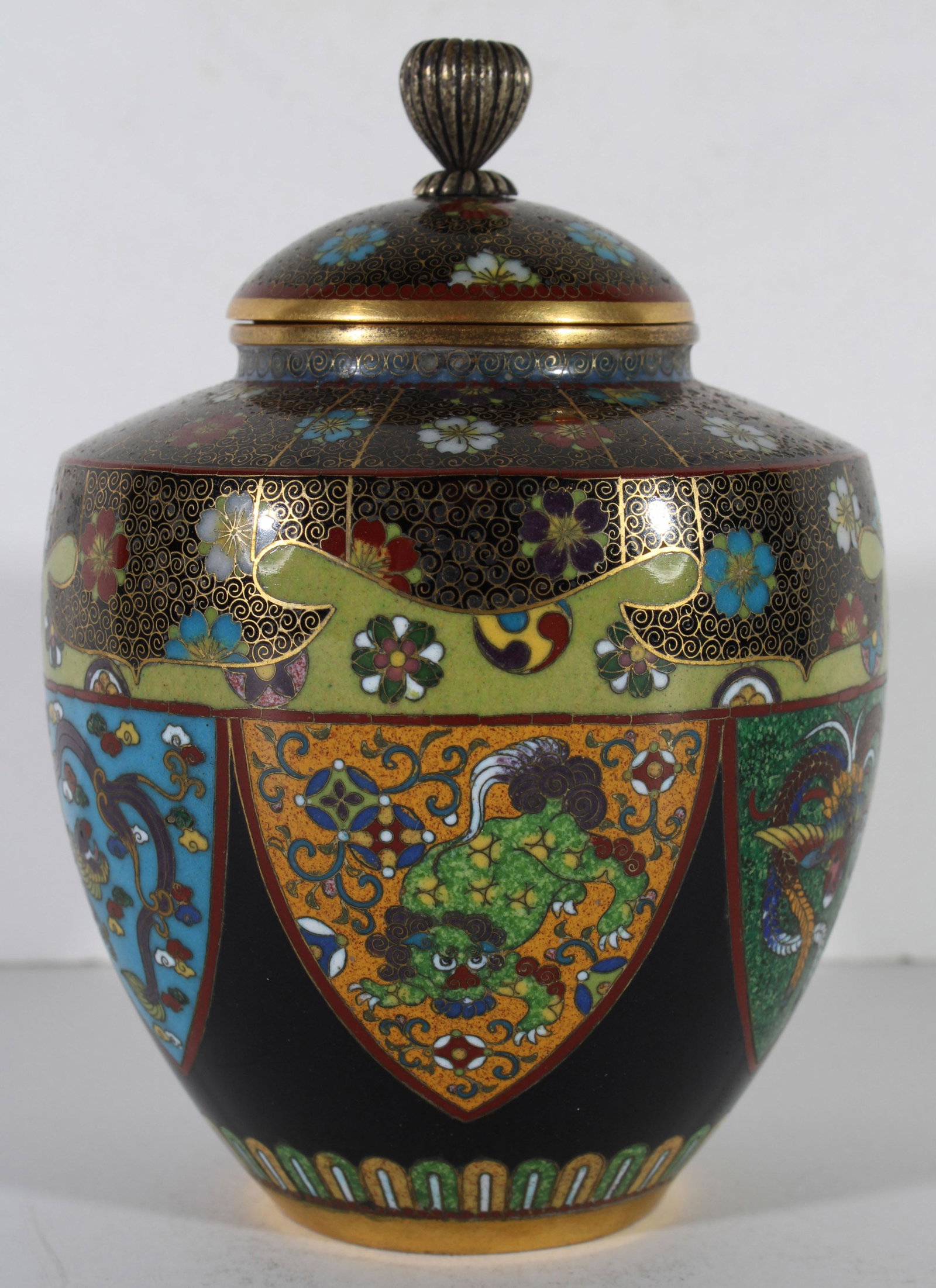 Japanese 3.5" Cloisonne Koro Dragon Shishi Hoho: DESCRIPTION: An excellent small 3.5" Meiji era Japanese cloisonne covered censer or Koro with motifs of dragons, hoho birds, and shi shi dogs. Incredibly precise wirework throughout with excellent viv