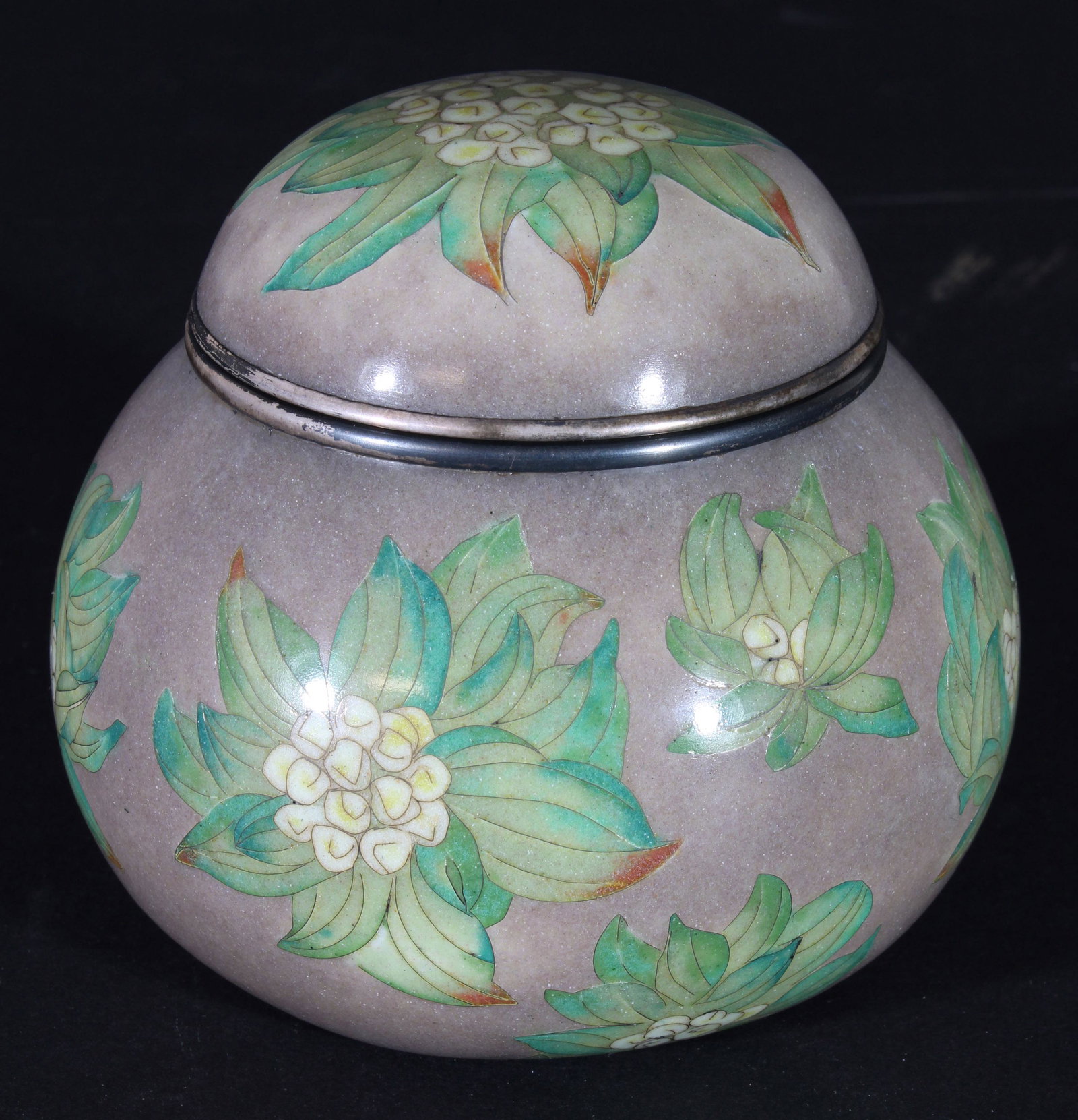 Japanese Cloisonne Koro Signed Foil Seal Tamura: DESCRIPTION: A beautiful 4 inch tall Taisho or Showa era Japanese cloisonne covered Koro. It features a moder flower and leaf design set against a pale lavender background. Very heavy for it's size. T