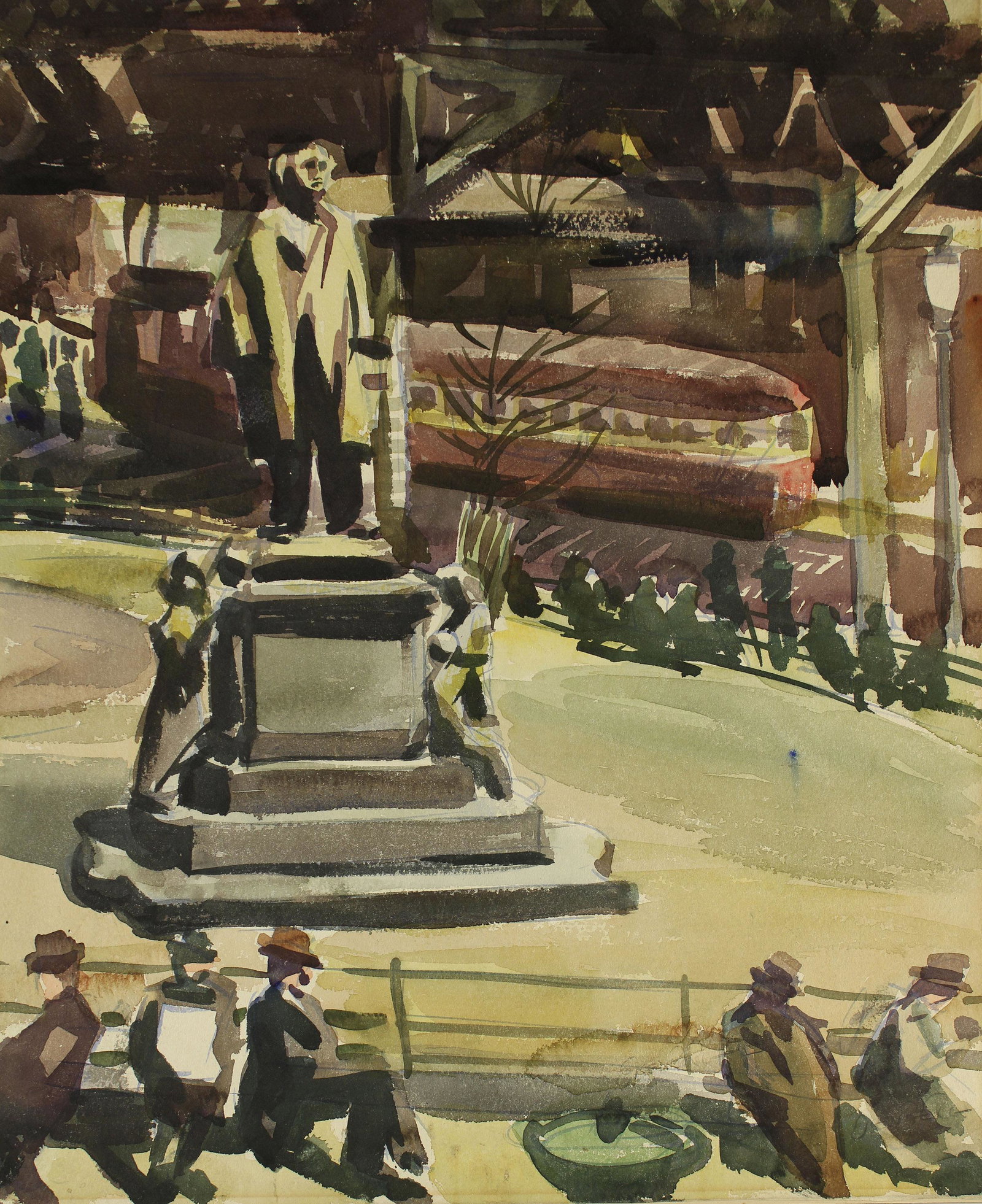 WPA era W/C Figures El Train Signed Illegible NYC ?: DESCRIPTION: A fine original watercolor from the popular WPA period. It is signed at lower right, but I have not been able to decipher it. The name seems to end in ....enberg. Very stylized depiction 