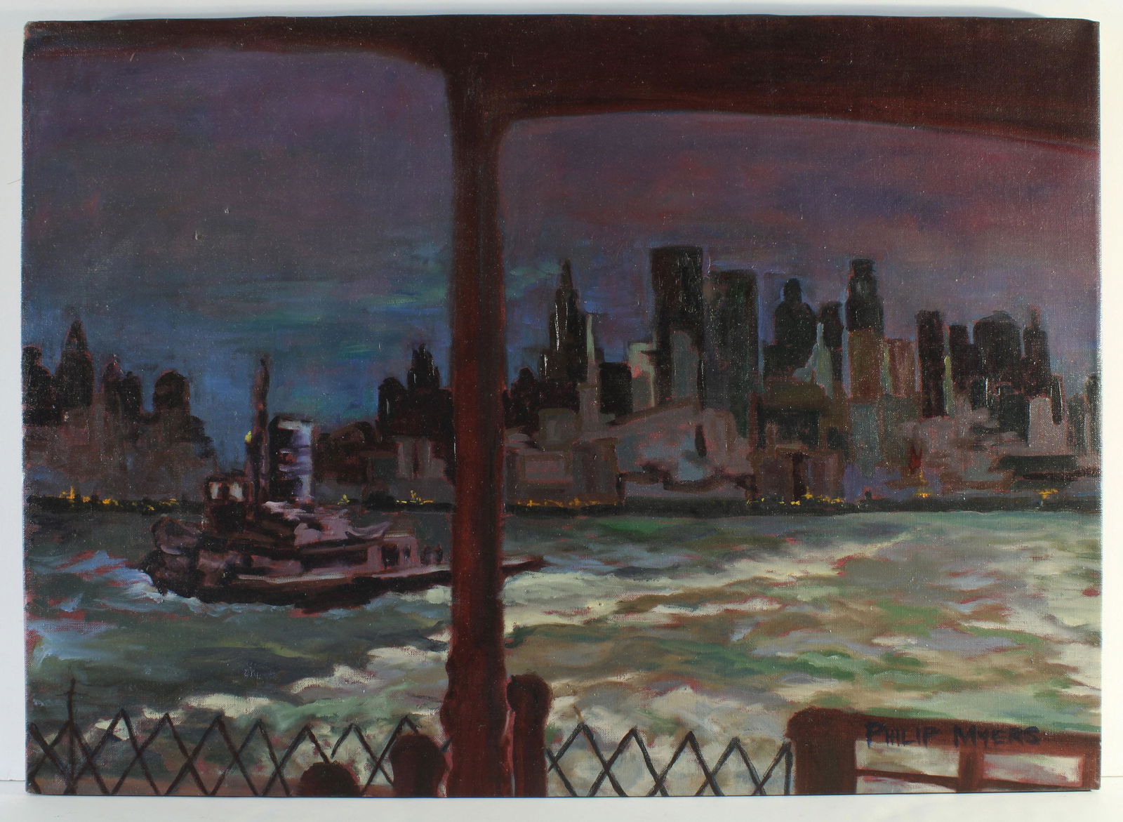 Philip Myers WPA Staten Island Ferry NYC Manhattan: DESCRIPTION: An excellent WPA style oil on canvas by listed American artist Philip Myers. Myers studied at the Arts Students League under Reginald Marsh. He was associated with New York City. This wor