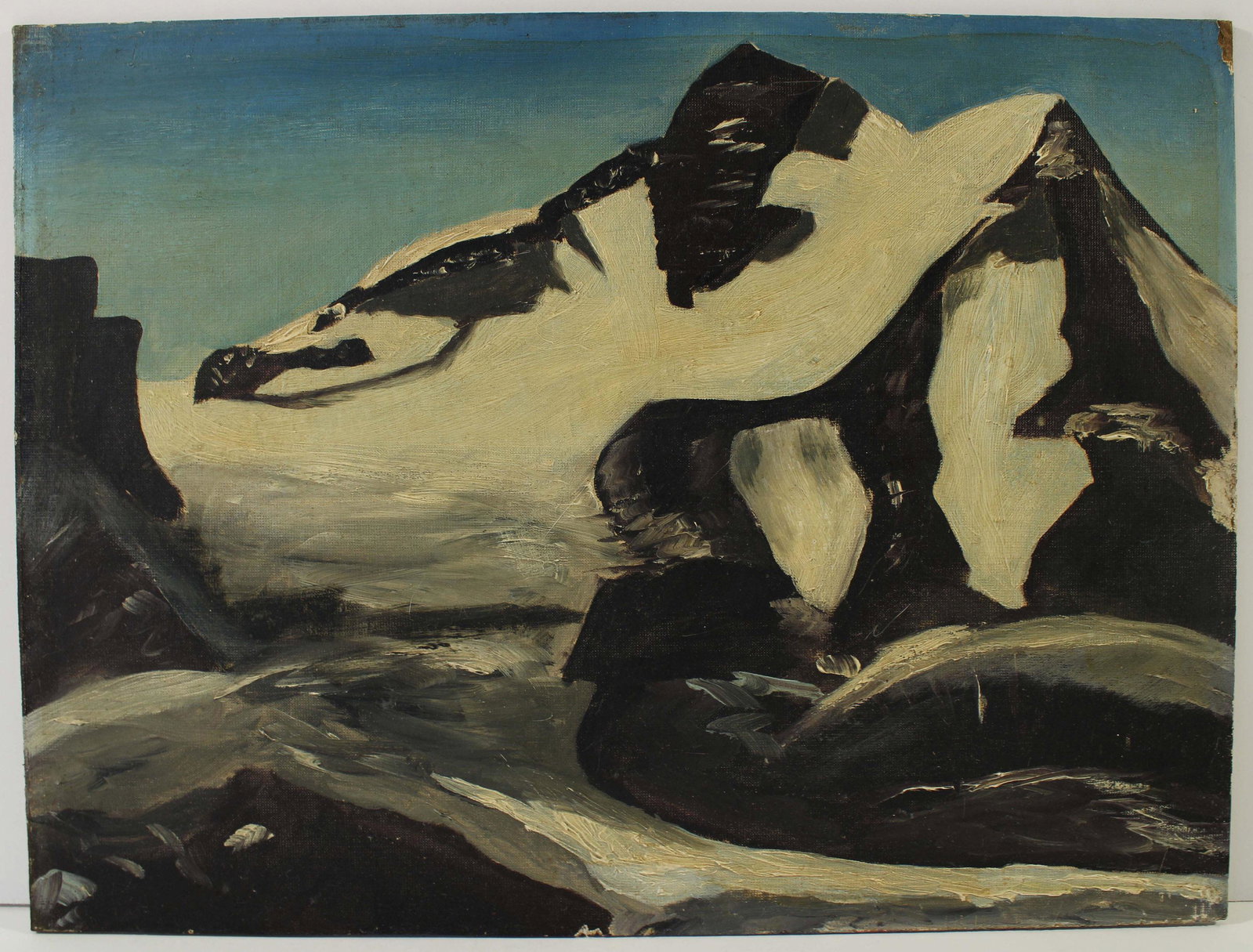 Modernist WPA era Ice Flows Snow Winter Mountains: DESCRIPTION: Fine WPA era oil on artist board of Arctic ice flows. Done in the style of Rockwell Kent. Excellent quality. TYPE: Art SUB TYPE: Painting REGION: United States SUB REGION: MEDIUM: Oil ART