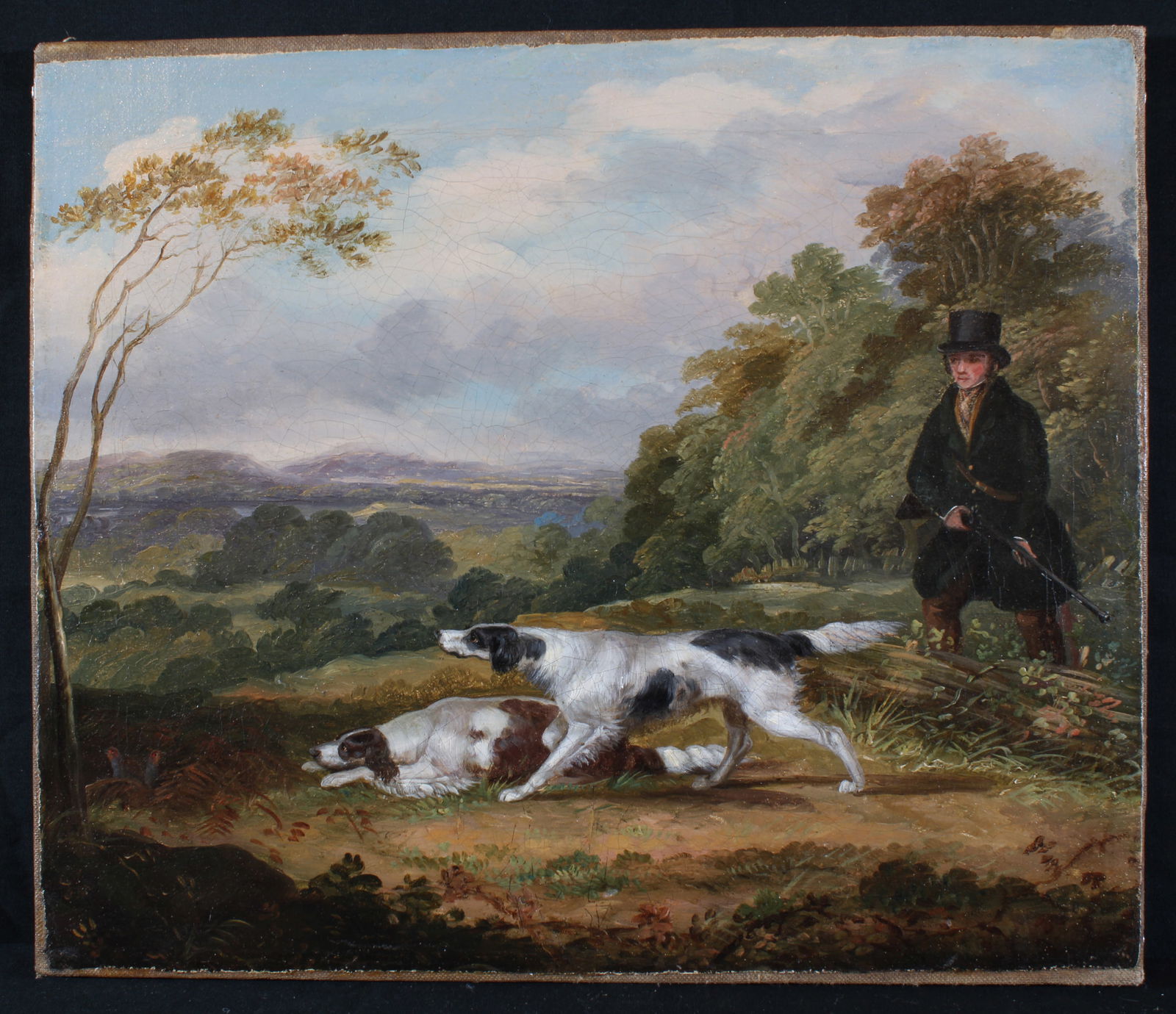Attrib Henry Thomas Alken Hunter w/ Rifle British Dogs In Landscape: TITLE:Attrib Henry Thomas Alken Hunter w/ Rifle British Dogs In Landscape TYPE:Art SUB TYPE:Painting REGION:Europe SUB REGION:Great Britain MEDIUM:Oil SGD/UNS:Unsigned DATE OF WORK:Early 19th C CATALO