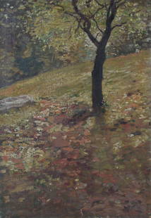 Impressionist 1906 Bronxville NY Woodland Interior Tree Tonalist Bruce Crane?: TITLE:Impressionist 1906 Bronxville NY Woodland Interior Tree Tonalist Bruce Crane? TYPE:Art SUB TYPE:Painting REGION:United States SUB REGION:New York MEDIUM:Oil SGD/UNS:Unsigned DATE OF WORK:1908 CA