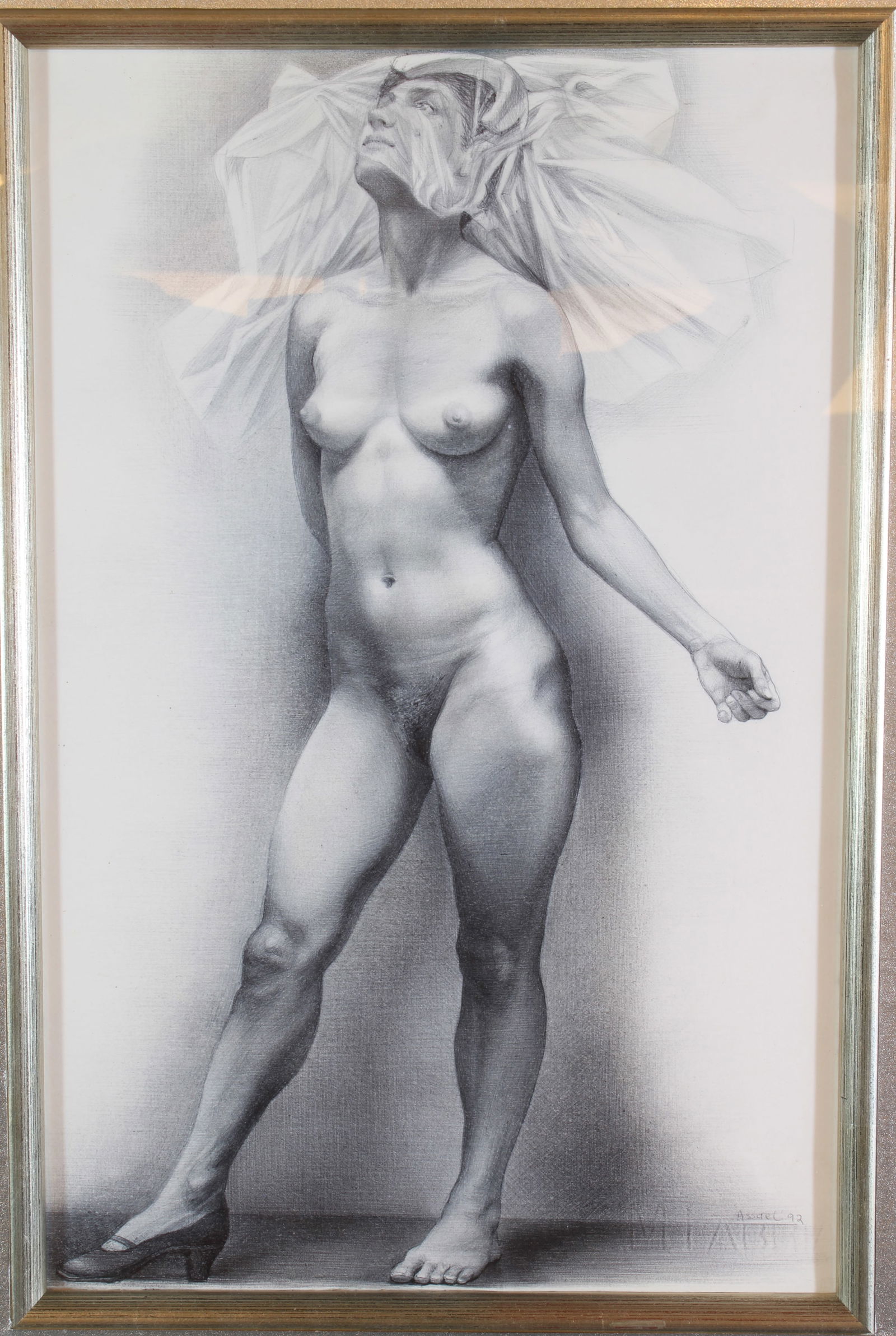 Steven Assael 1992 Realist Nude w/ Scarf: TITLE:Steven Assael 1992 Realist Nude w/ Scarf TYPE:Art SUB TYPE:Drawing REGION:United States SUB REGION: MEDIUM:Pencil SGD/UNS:Signed DATE OF WORK:1992 CATALOG NOTES:An original graphite drawing by w