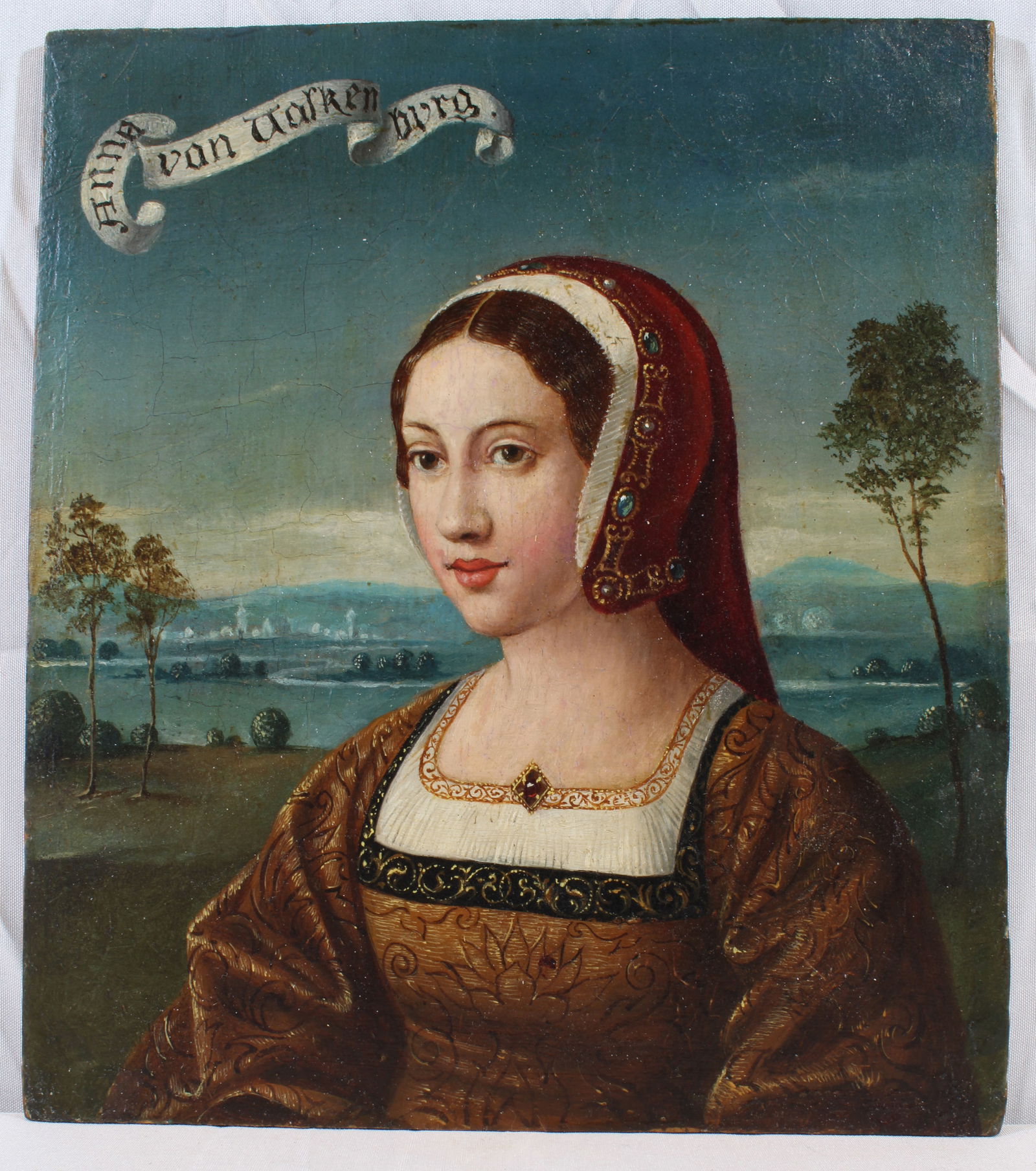 Old Master Italian Flemish 16th C Panel Portrait Woman In Landscape (1 of 6)