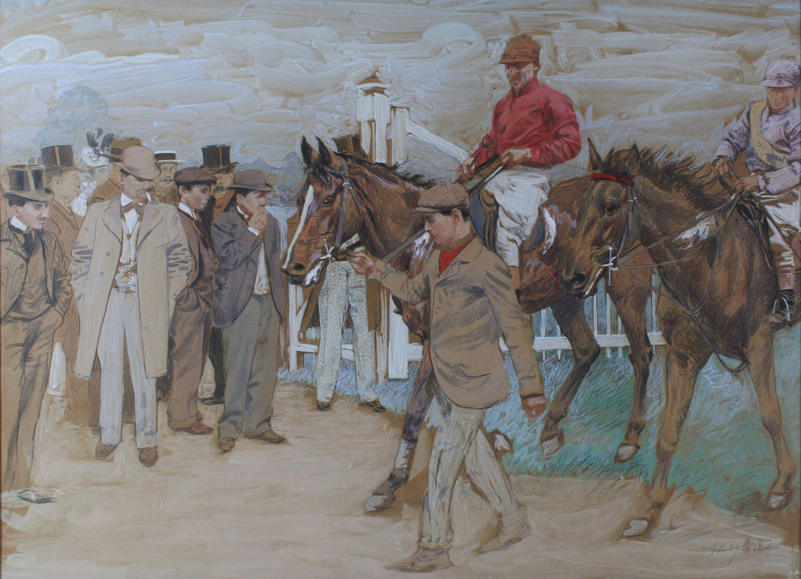 Adolphe Gustave Binet 19th C French Horse Realist Race Scene Jockeys Groom Track (1 of 6)