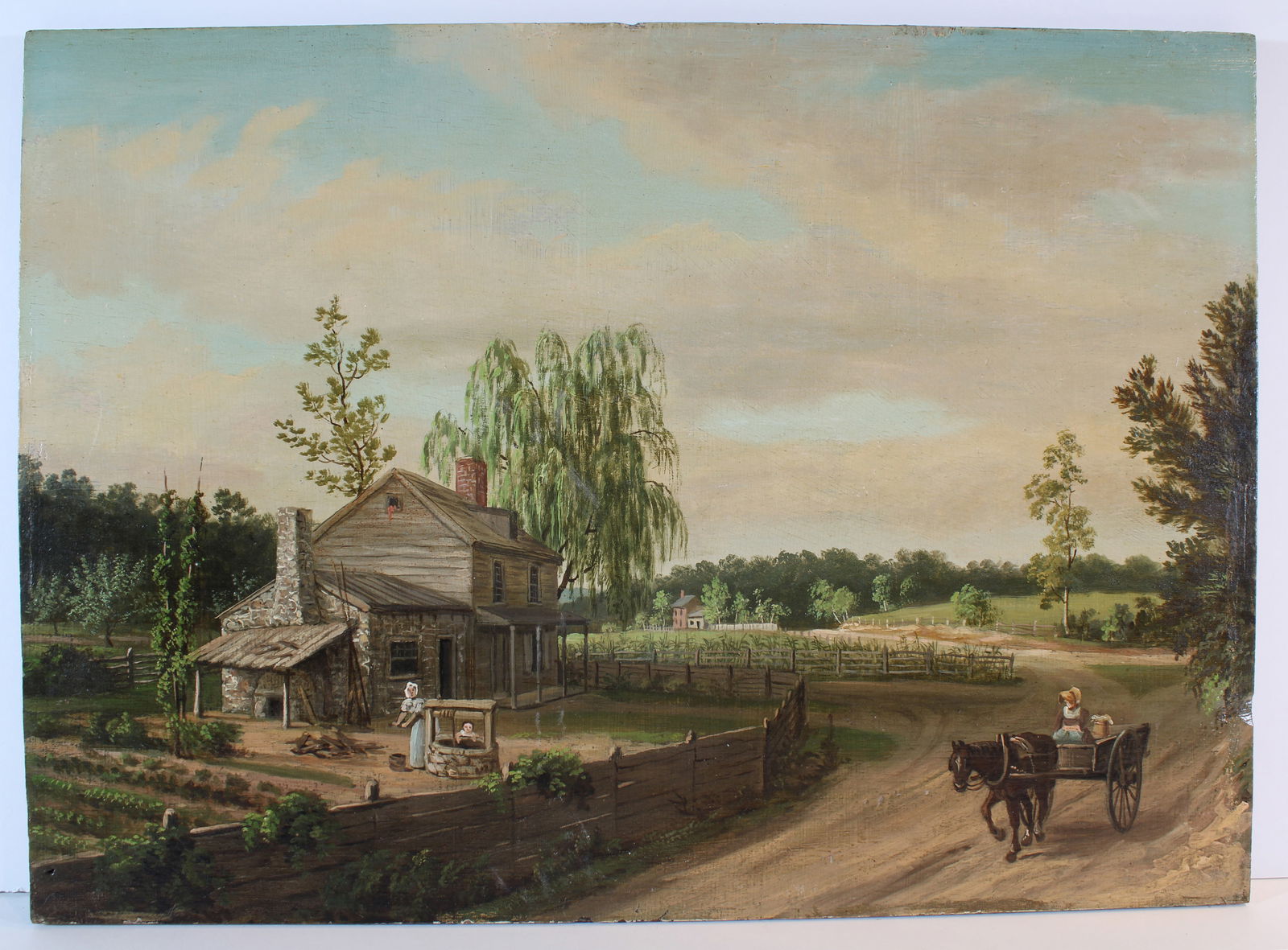 Attrib Thomas Birch Old Homestead Landscape with Woman Wagons: TITLE: Attrib Thomas Birch Old Homestead Landscape with Woman Wagons CATALOG NOTES: An excellent early American landscape featuring a detailed American homestead with gardens and roads. It is attribut