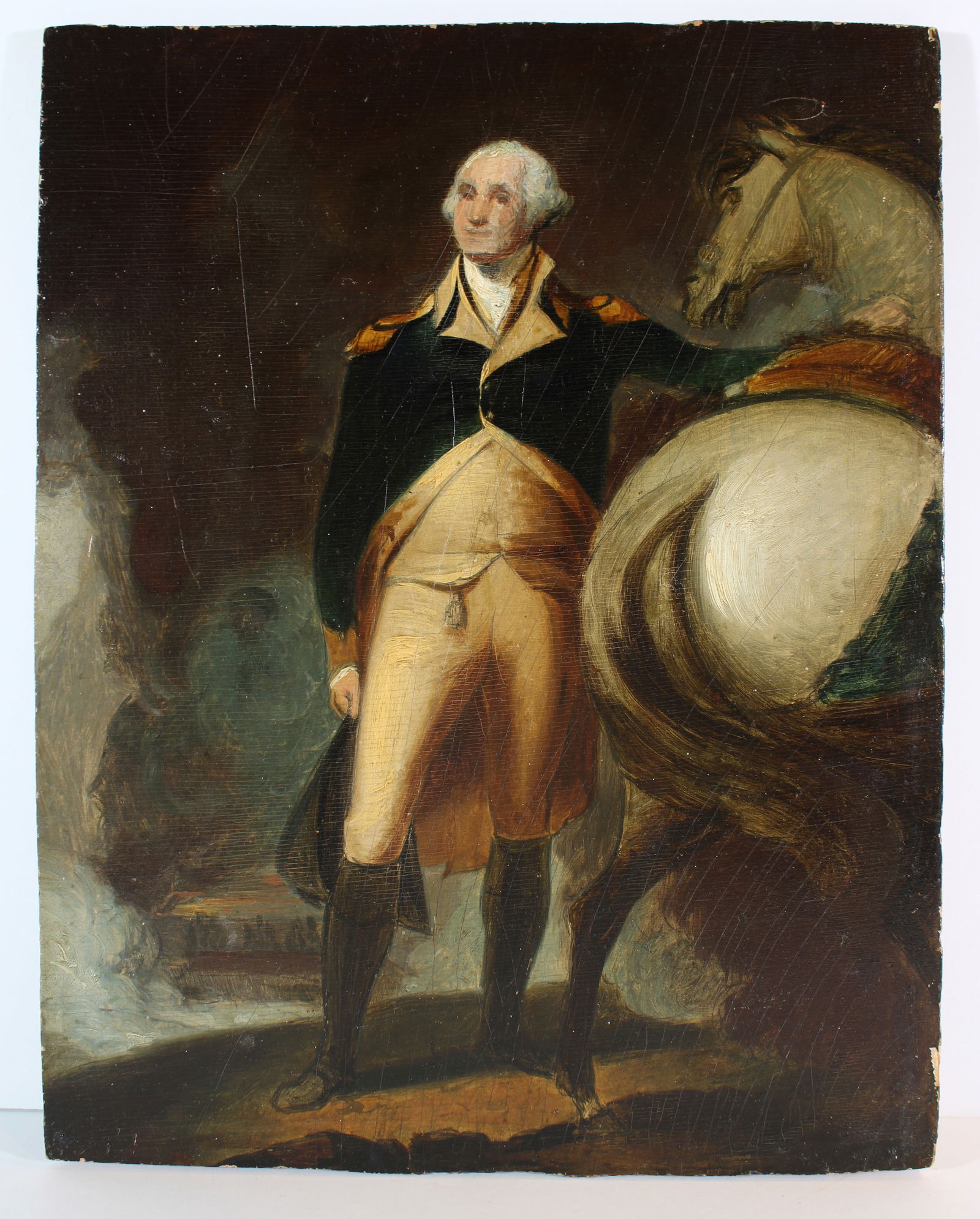 Attrib Gilbert Stuart Study George Washington Dorchester Heights: TITLE: Attrib Gilbert Stuart Study George Washington Dorchester Heights CATALOG NOTES: An excellent small original oil study of George Washington and his horse. It is possibly a small study by Gilbert