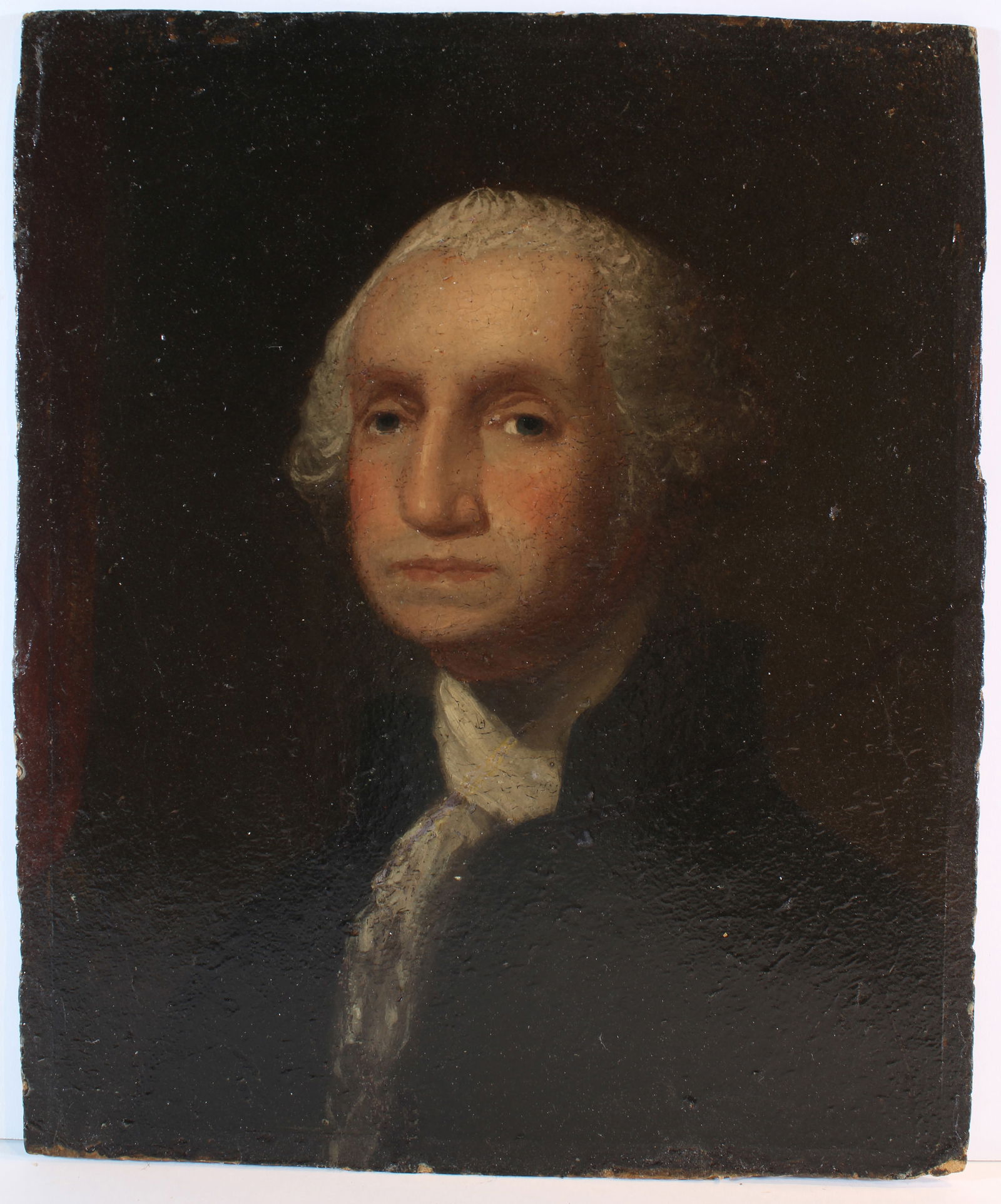 Attrib Gilbert Stuart George Washington Portrait Study: TITLE: Attrib Gilbert Stuart George Washington Portrait Study CATALOG NOTES: A fine early American oil on panel of George Washington. It is possibly a small study for artist Gilbert Stewart's famous p