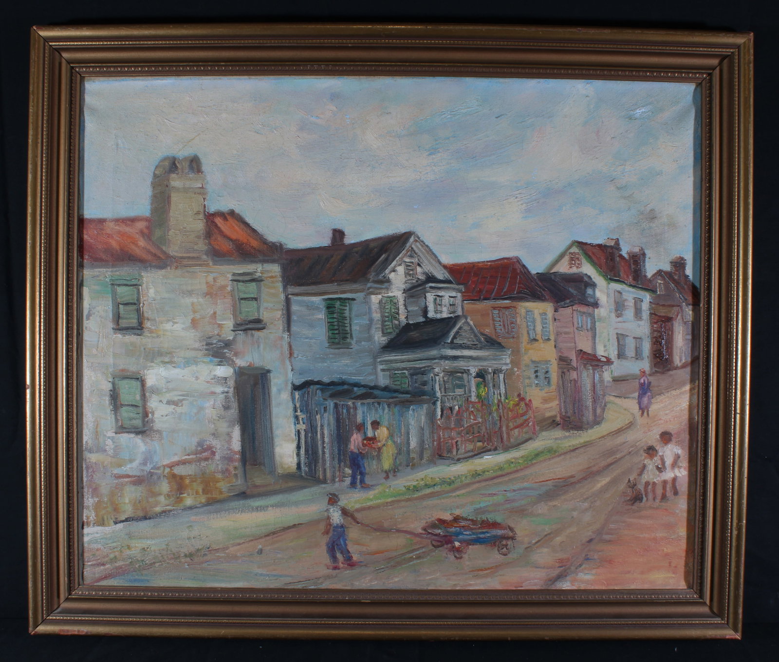African American WPA era Southern Street Greenville SC Provenance: TITLE:African American WPA era Southern Street Greenville SC Provenance DESCRIPTION:A fine original oil on canvas showing a street scene with numerous African American figures and buildings. Excellent