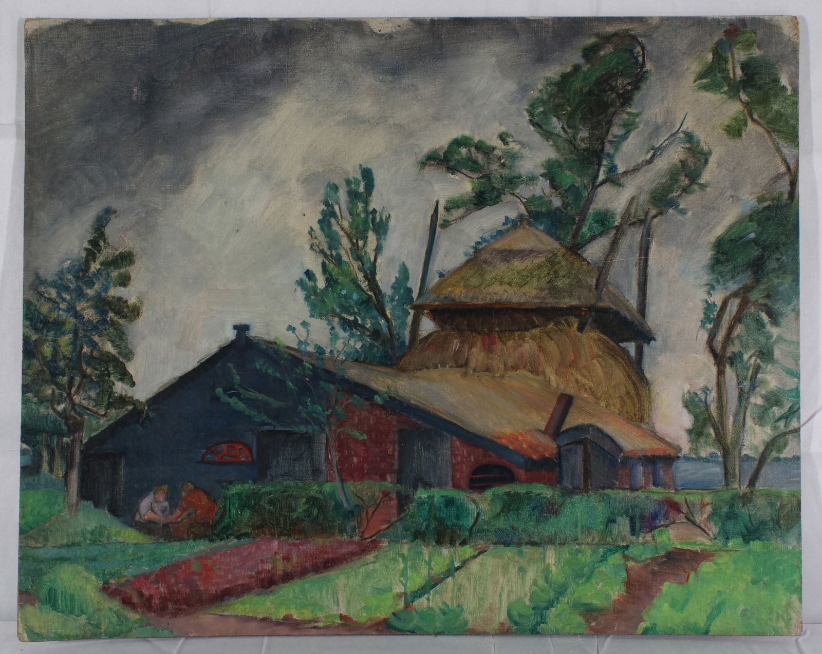 Circa 1923 French Fauvist Modernist Landscape Farm Buildings Landscape Figures 1 of 2 (1 of 5)