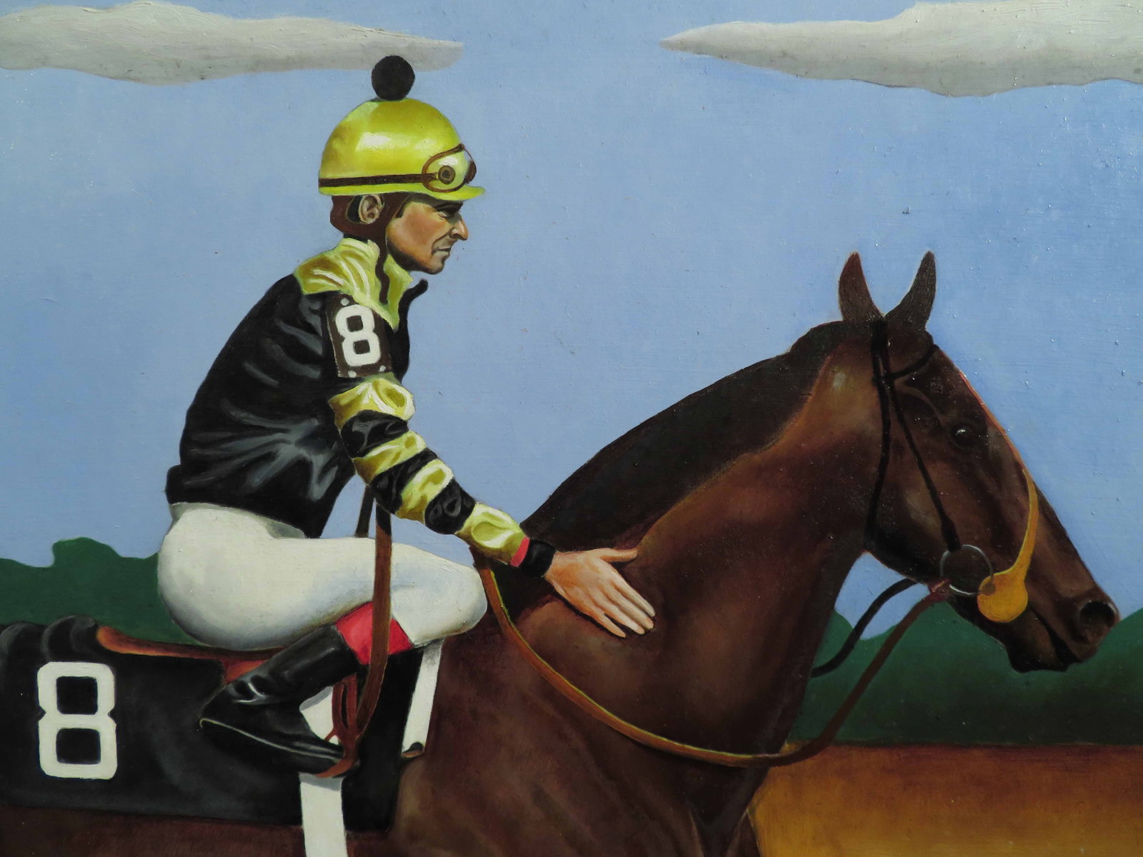 Seattle Slew & Jean Cruguet Triple Crown @ The Preakness Horse Race D. Sherriff: TITLE:Seattle Slew & Jean Cruguet Triple Crown @ The Preakness Horse Race D. Sherriff DESCRIPTION:A fine original oil on board signed by the artist D. Sherriff and dated '79 at lower right. I have not