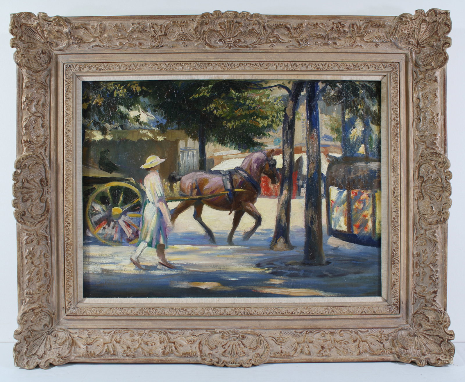 Donald Wood C 1930s British UK Leeds Woman Walking City Horse Cart LISTED: TITLE:Donald Wood C 1930s British UK Leeds Woman Walking City Horse Cart LISTED DESCRIPTION:A fine original oil on canvas painting by listed British artist Donald Wood. It shows a view on a city stree