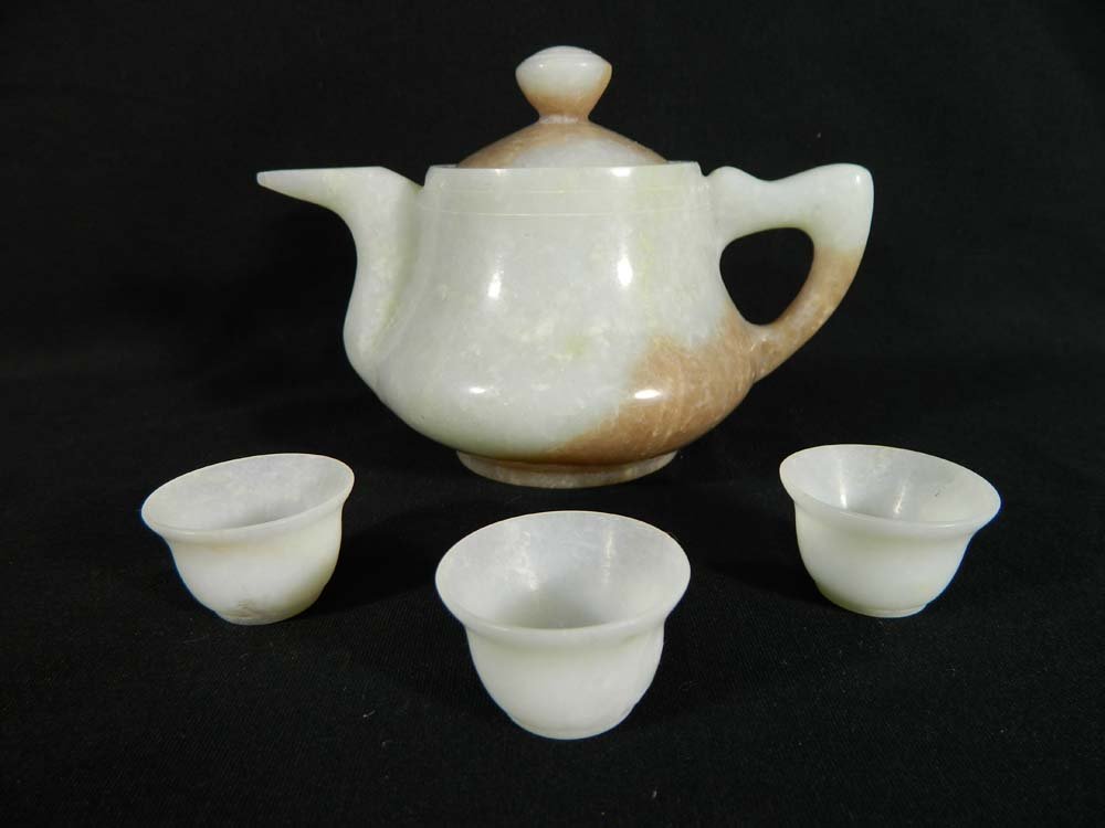 Asian White Jade Tea Pot w/Three Cups (1 of 3)
