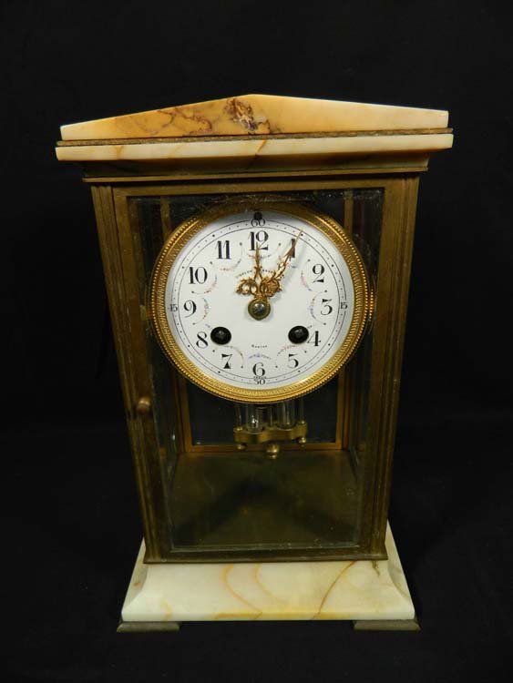 Bigelow Kennard Marble Bronze Mantle Clock: Antiques,Clock,Marble,Bigelow Kennard Marble Bronze Mantle Clock,A nice marble and glass mantle or shelf clock by Boston clockmaker Bigelow and Kennard. Has hand painted dial with fancy gilded gold ha