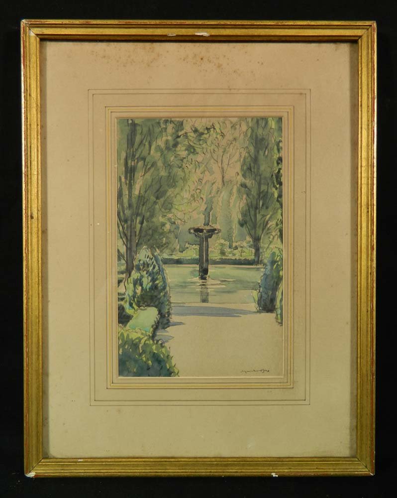 Muirhead Bone W/C Landscape w/ Fountain: Art,Painting,Watercolor,Muirhead Bone W/C Landscape w/ Fountain,A watercolor by well known artist Muirhead Bone. It shwos a garden path that leads to a small pool with a fountain. It is inscribed on a