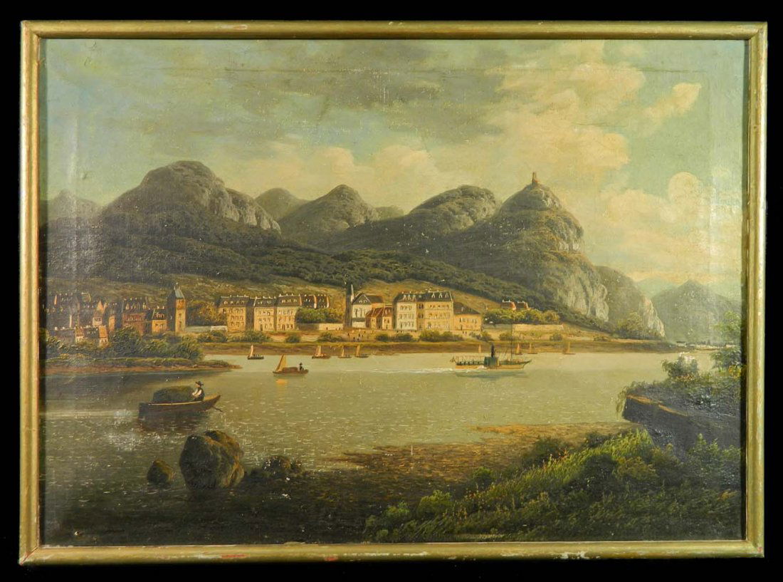 19th C Brazilian Coastal Landscape: Art,Painting,Oil On Canvas,19th C Brazilian Coastal Landscape,19th C landscape of Brazil. Looks like the Rio De Janeiro area. There is a small section of a city with old fashioned buildings. A canal c