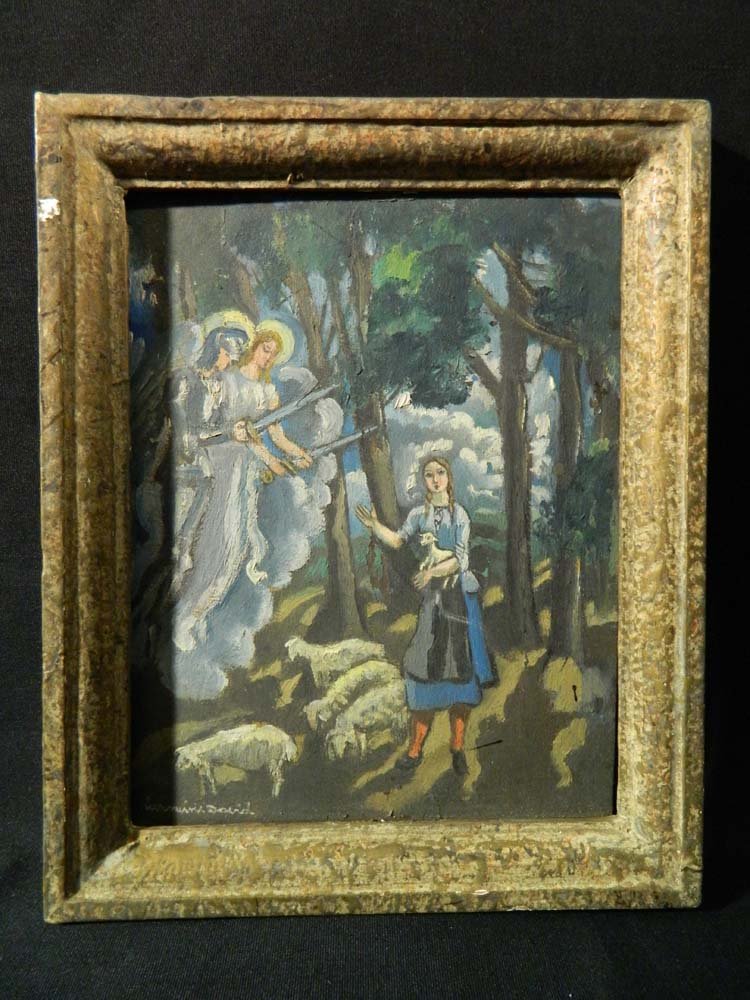 Hermine David Woman in Forest with Angels: Fine Art,Painting,Oil On Board,Hermine David Woman in Forest with Angels,,6 3/4H_5 1/4W,8 3/8H_6 3/4W