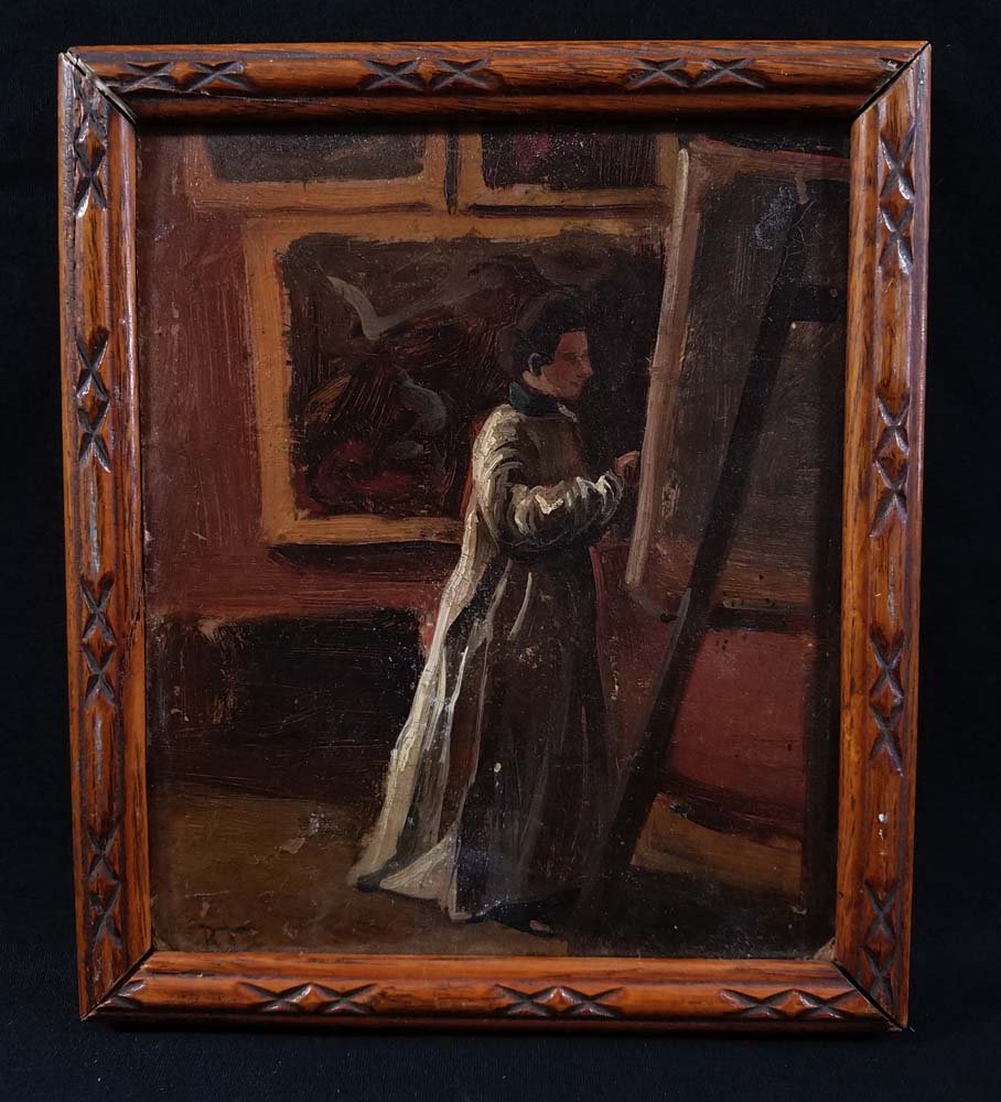 Anna Boch ? Belgian artist at easel: Art,Painting,Oil on Board,Anna Boch ? Belgian artist at easel,Printed clipping attached to reverse with information re artist Anna Boch,7 /2H_6W,8 1/4H_7