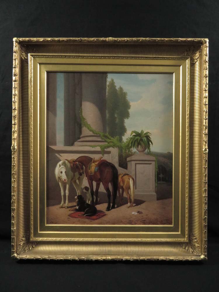 Peter Moran Horses & Dogs Grand House: Art,Painting,Oil on Canvas,Peter Moran Horses & Dogs Grand House,Fine and large oil by internationally reknown American painter Peter Moran. The work shows two horses, two dogs, and a burro in front o